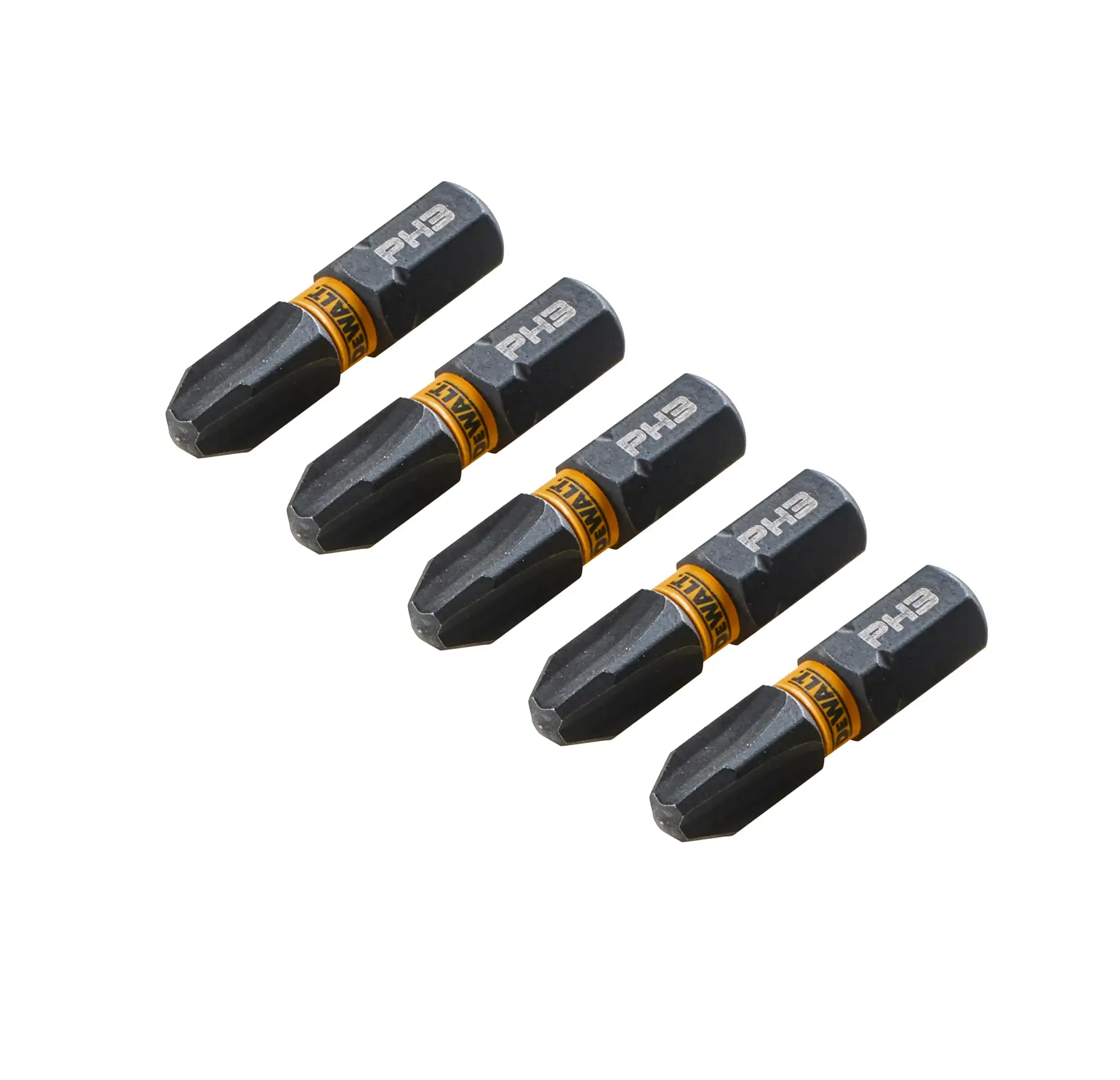 Fünf DEWALT PH3 Schrauberbits mit gelbem Branding, diagonal auf weißem Hintergrund angeordnet.