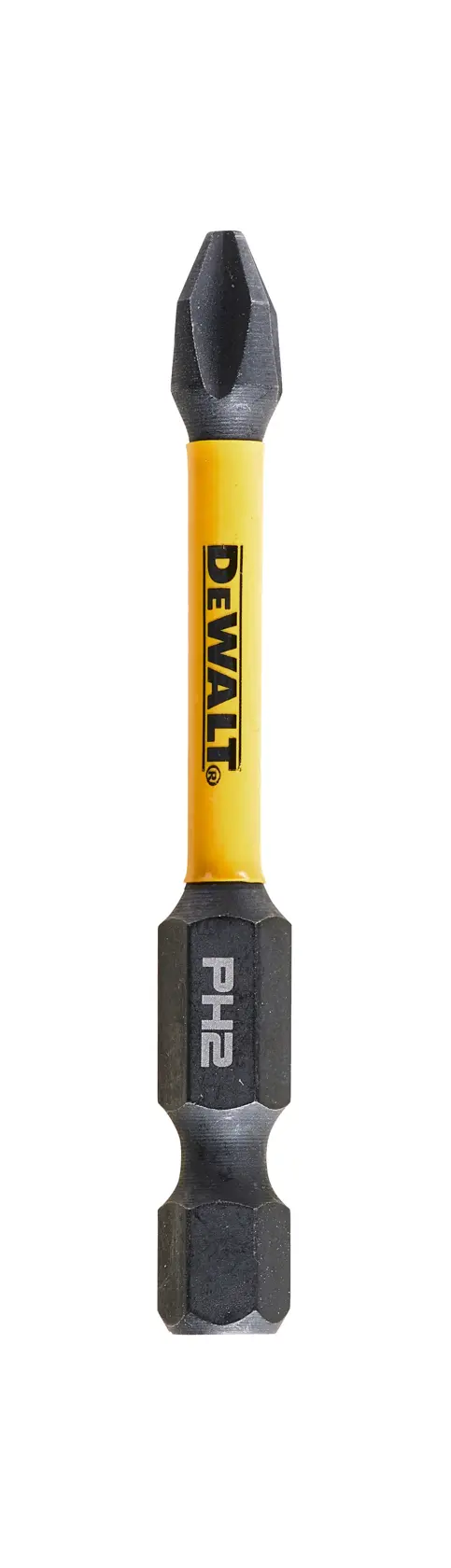 DEWALT PH2 Schrauberbit mit gelbem Schaft und schwarzen Enden auf weißem Hintergrund.