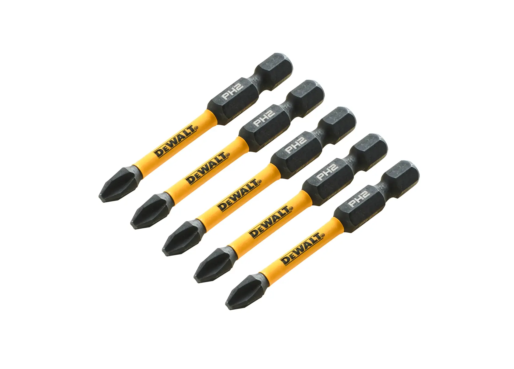 Cinco puntas de destornillador DEWALT PH2 con vástago amarillo en fondo blanco.