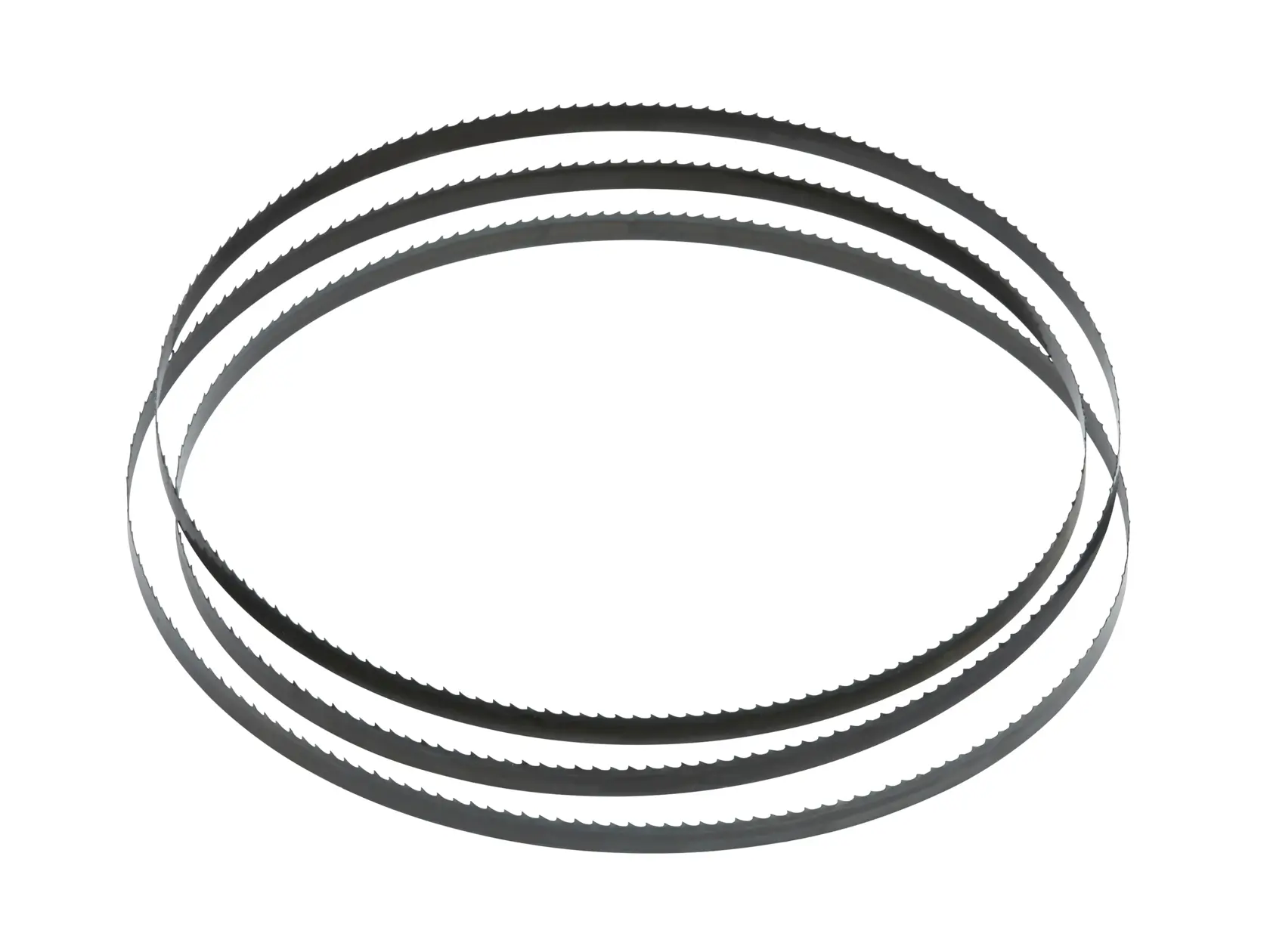Drei DEWALT Bandsägeblätter aus Metall kreisförmig auf weißem Hintergrund angeordnet.