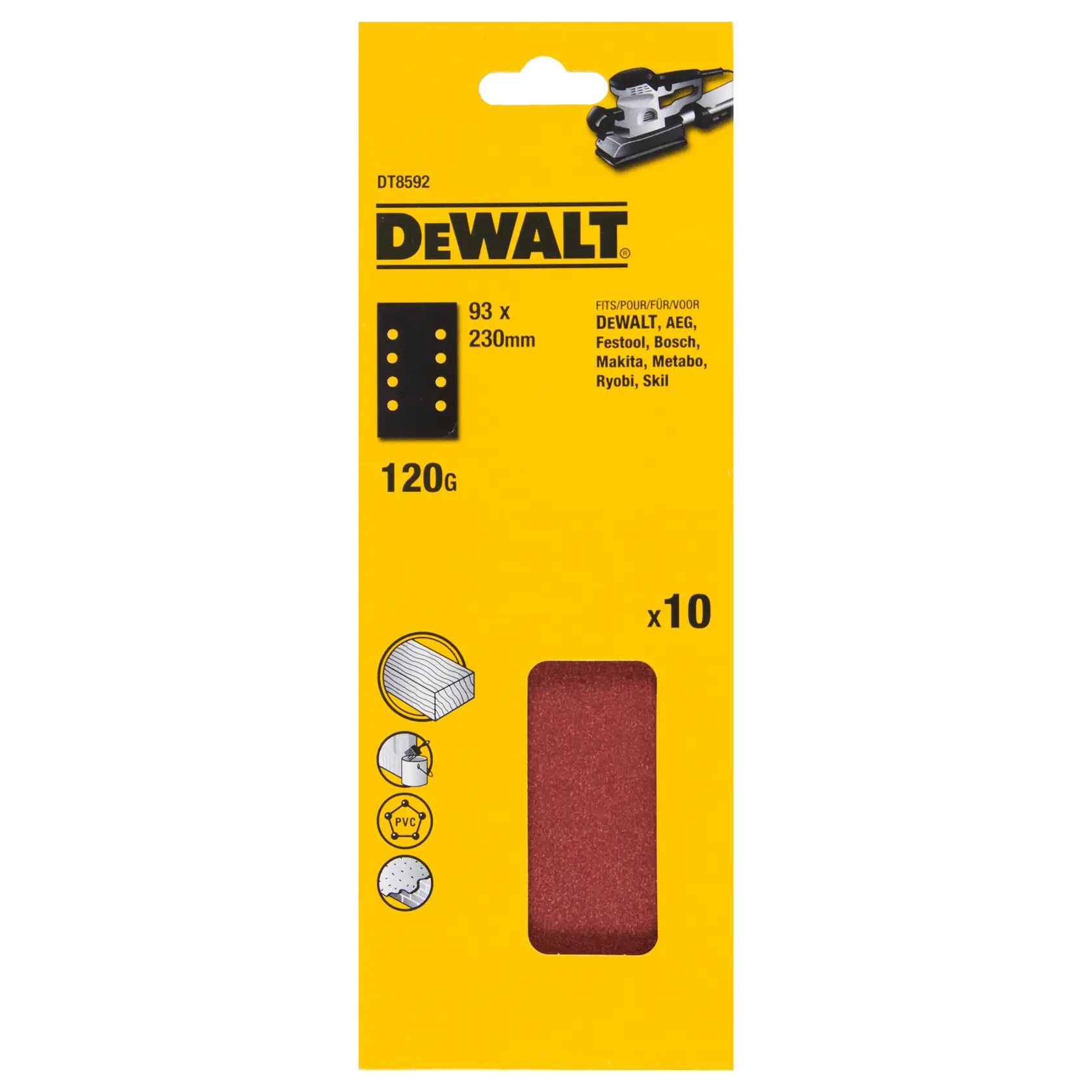 DEWALT Schleifblätter 93x230mm, 120er Körnung, 10er Pack, geeignet für verschiedene Marken, gelbe Verpackung.