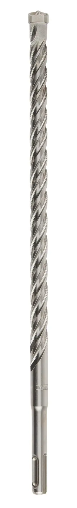 Una broca larga espiral de metal para taladro. Se muestra verticalmente sobre fondo blanco.