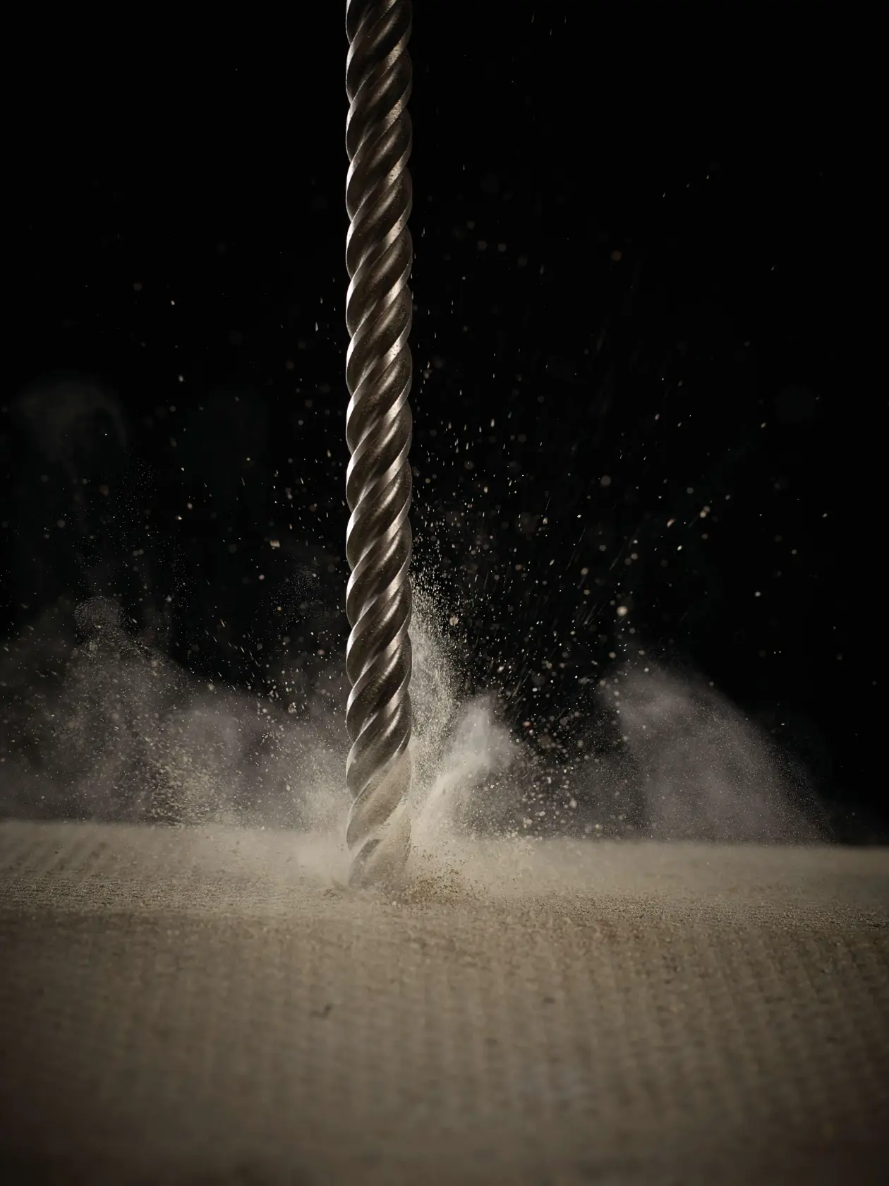 Una broca DEWALT perfora una superficie, generando una nube de polvo al penetrar el material.