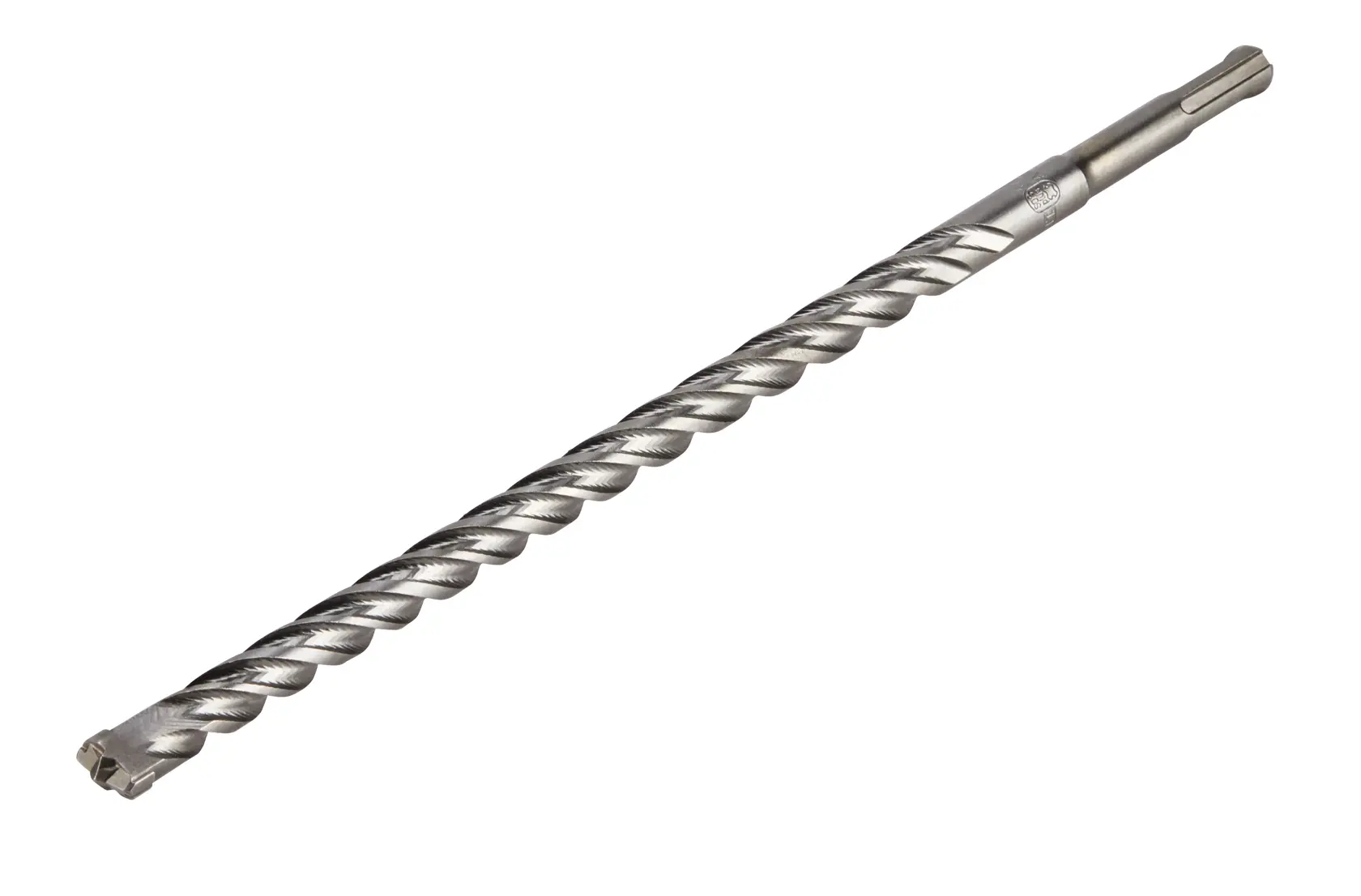 Una broca larga para mampostería DEWALT DT8939 con estrías helicoidales y vástago SDS-plus, diseñada para perforaciones intensas en concreto y piedra, mostrada sobre fondo blanco.