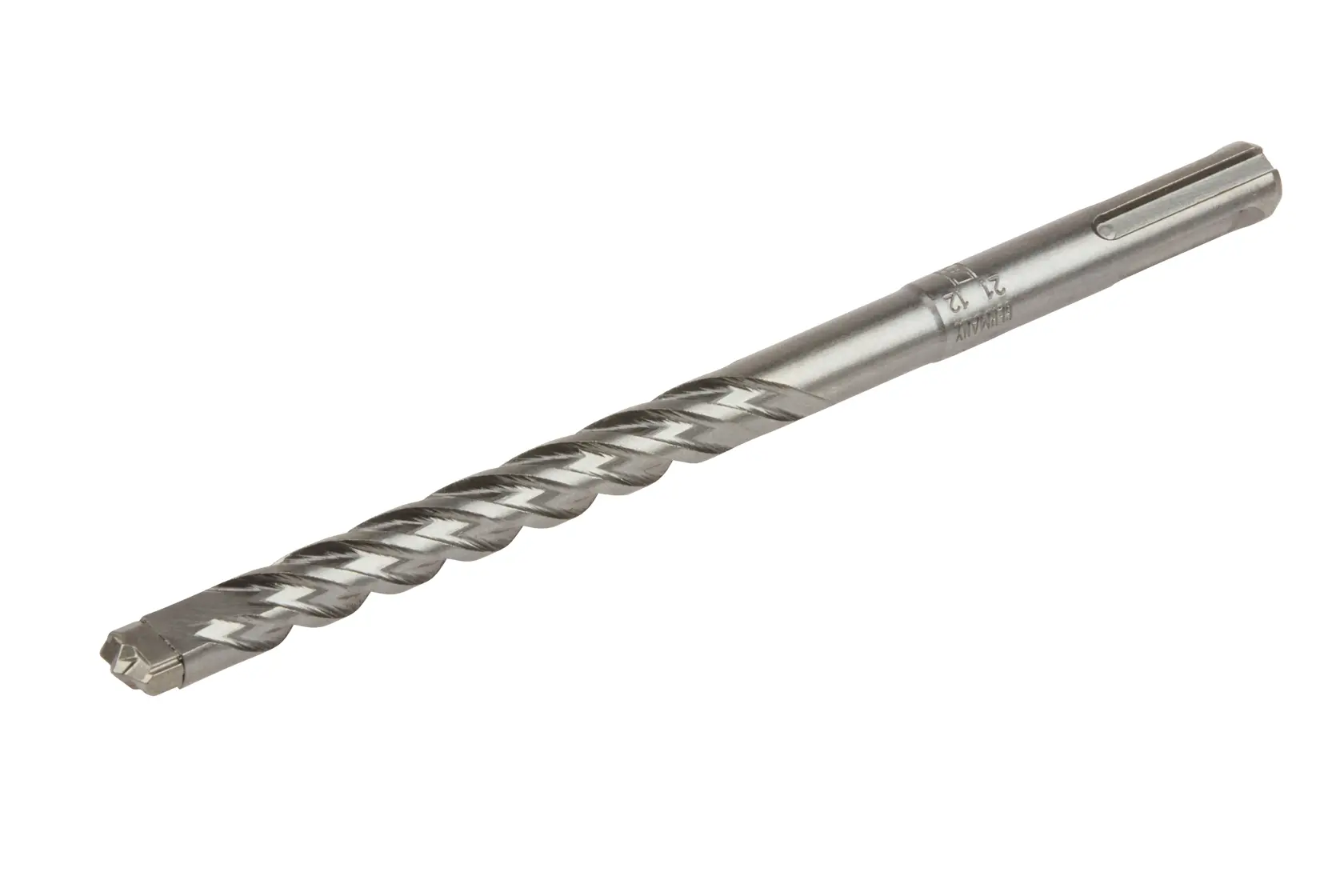 Broca metálica DEWALT con diseño en espiral, mostrada sobre fondo blanco.