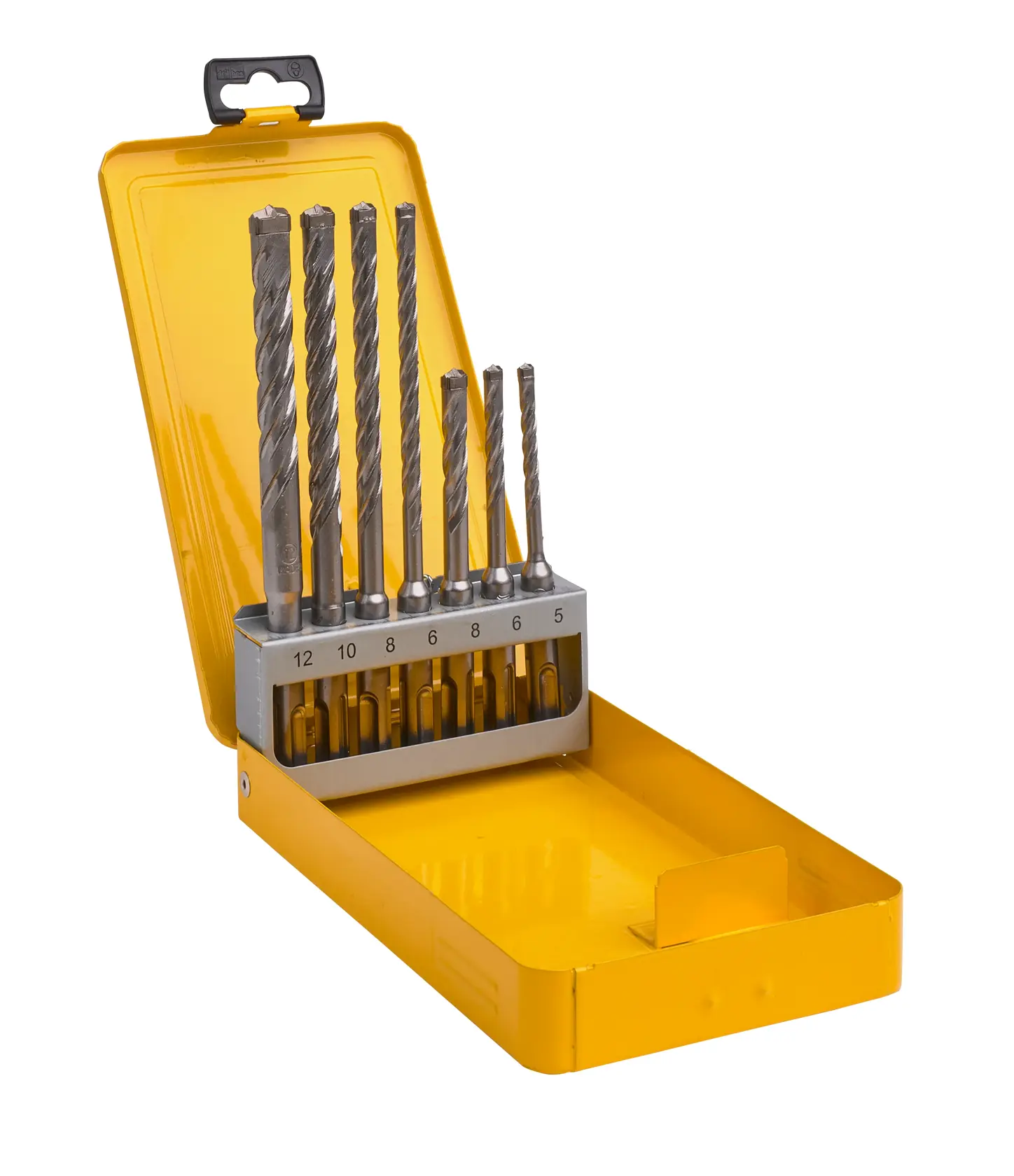 Gelbe DEWALT-Box mit verschiedenen Bohrern, Größen 5 bis 12, Halter und geöffnetem Deckel.