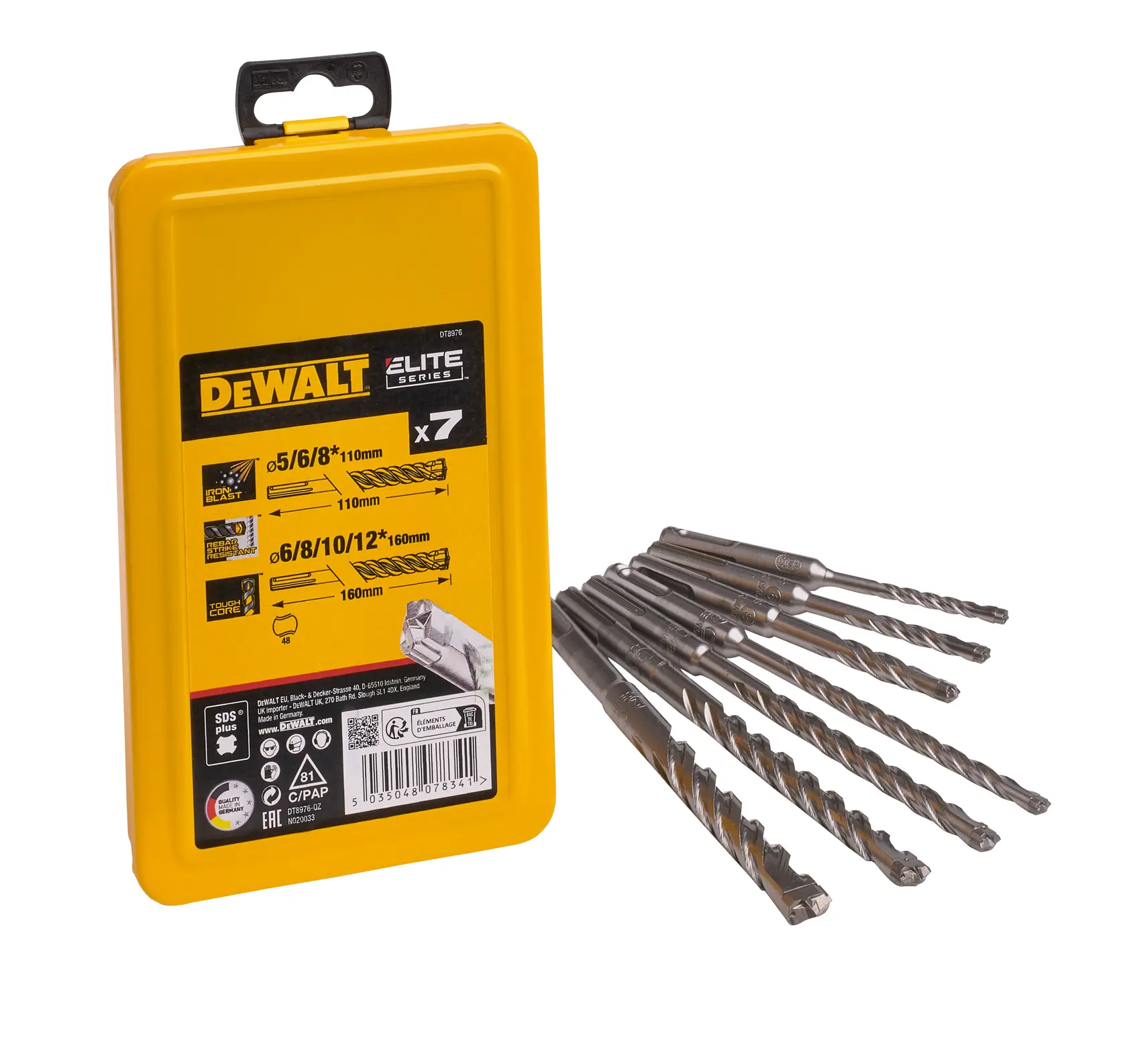DEWALT Elite Series, gelbe Box mit 7 Metallbohrern daneben, DT8976 SDS-plus Set.