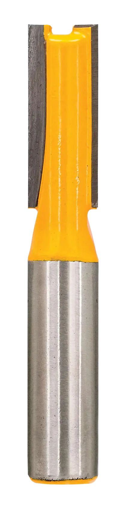 DEWALT DT90003 gerader Fräser mit gelber Beschichtung und Stahlschaft für Holzbearbeitung.