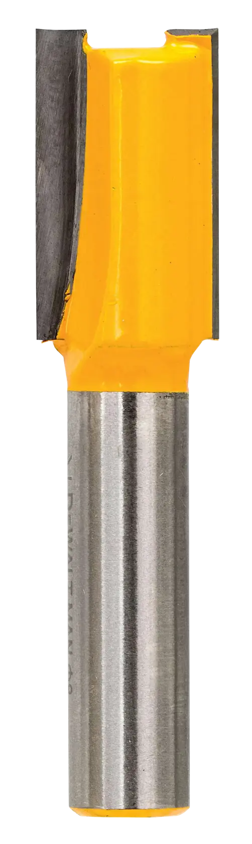 DEWALT DT90005 gelber gerader Fräser für Holz, Metallschaft, isoliert auf weiß.