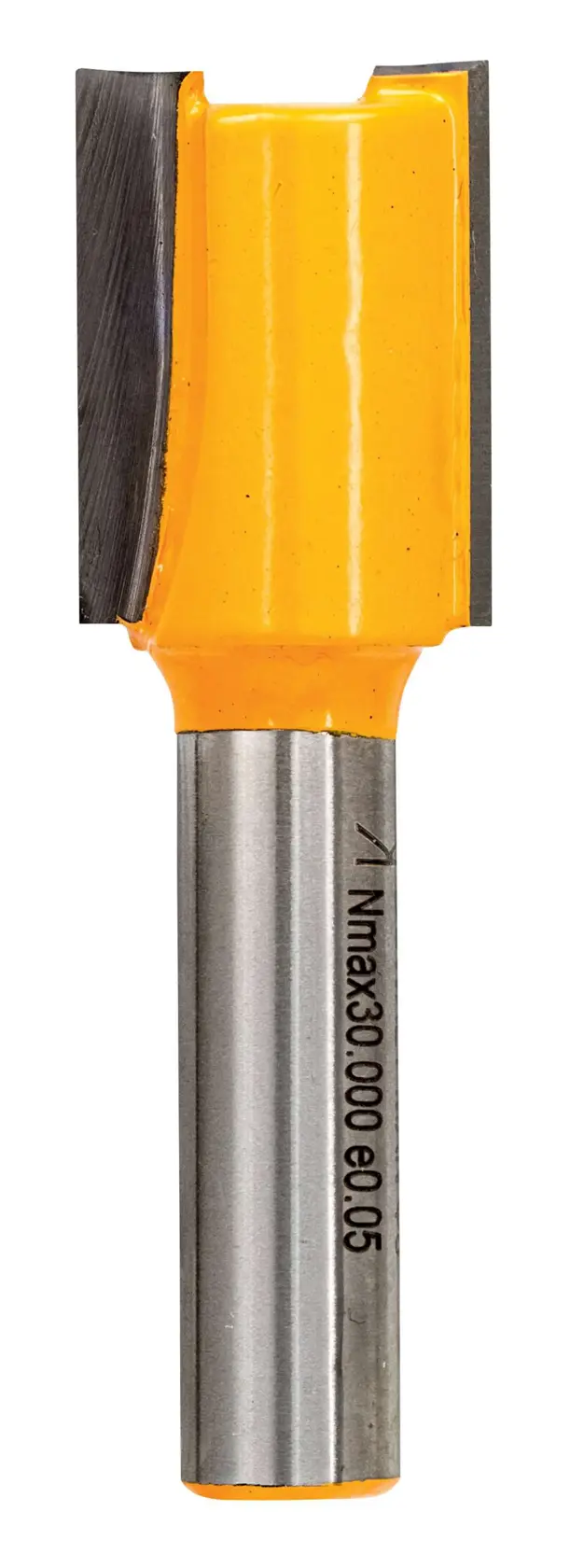 DEWALT DT90007 gerader Fräser mit gelbem Körper und scharfen Schneidkanten für Holzarbeiten.