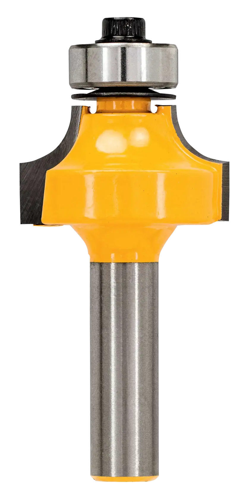DEWALT-Fräser mit gelbem Gehäuse und Lager, eingesetzt zum Holzbearbeiten und Kantenformen.