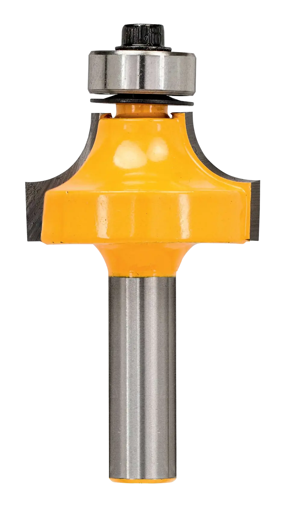 Gelber DEWALT Fräser mit Kugellager, genutzt für Holzarbeiten und Kantenbearbeitung.