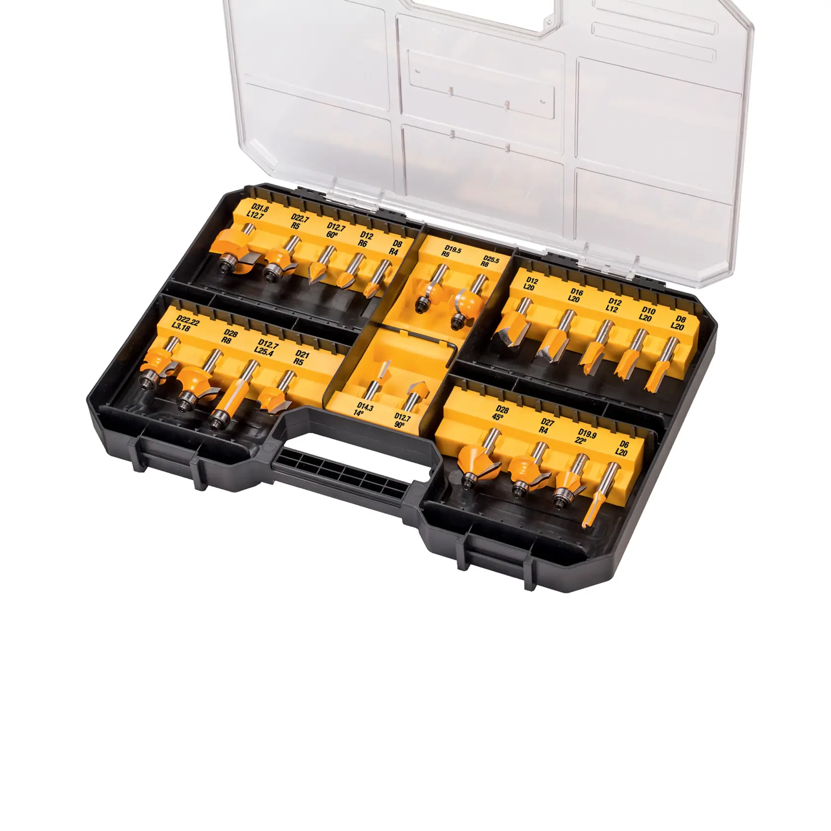 DEWALT Fräser-Set in schwarzem Koffer mit Klarsichtdeckel, sortiert in Fächern.