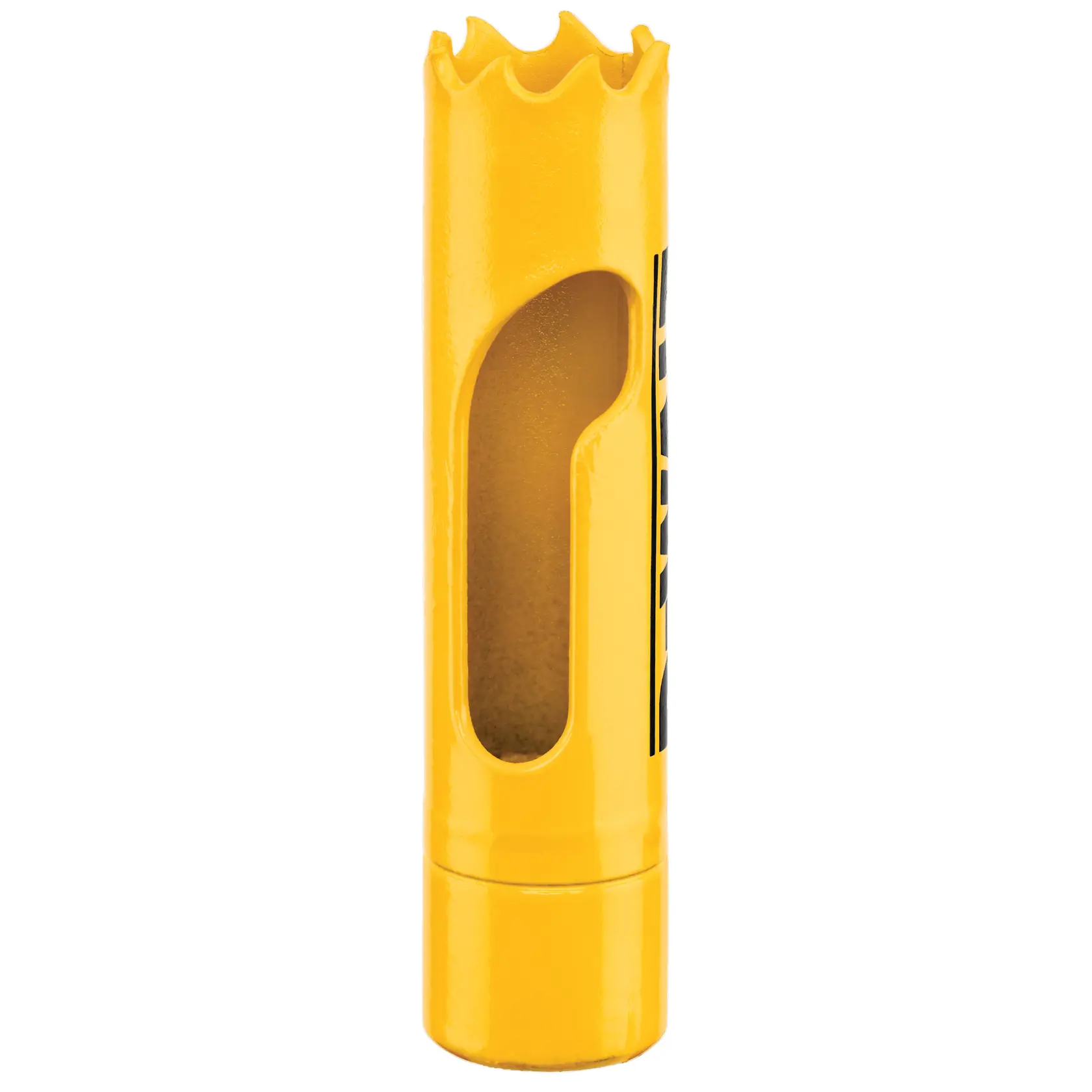 Sierra copa amarilla DEWALT, DT90296, DT90296-QZ para fotografía. Cilíndrica, apertura lateral, borde dentado.