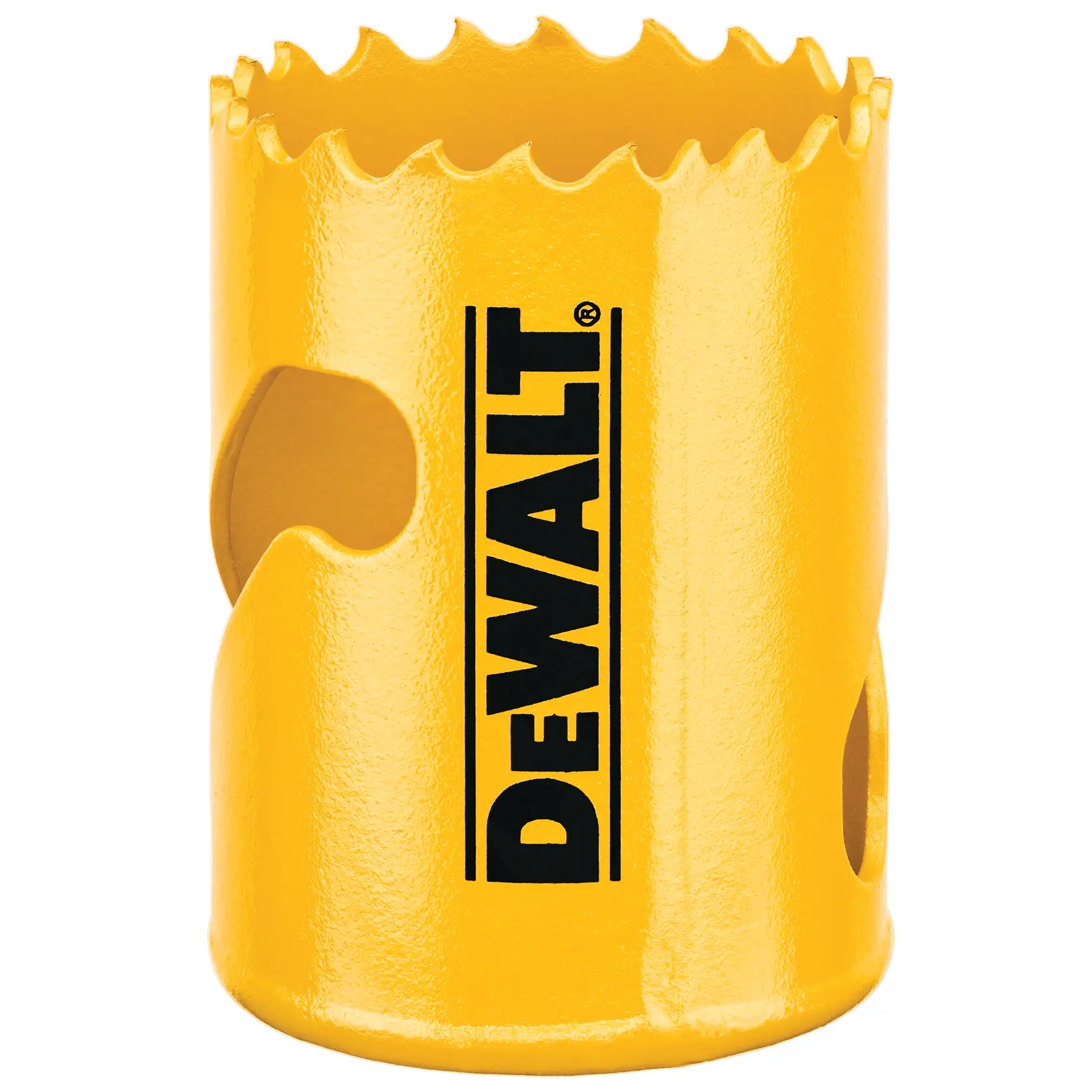 DEWALT gelber Lochsäge DT90314-QZ, DT90314. Fotografie. Zylindrisches Schneidwerkzeug mit gezacktem Rand.