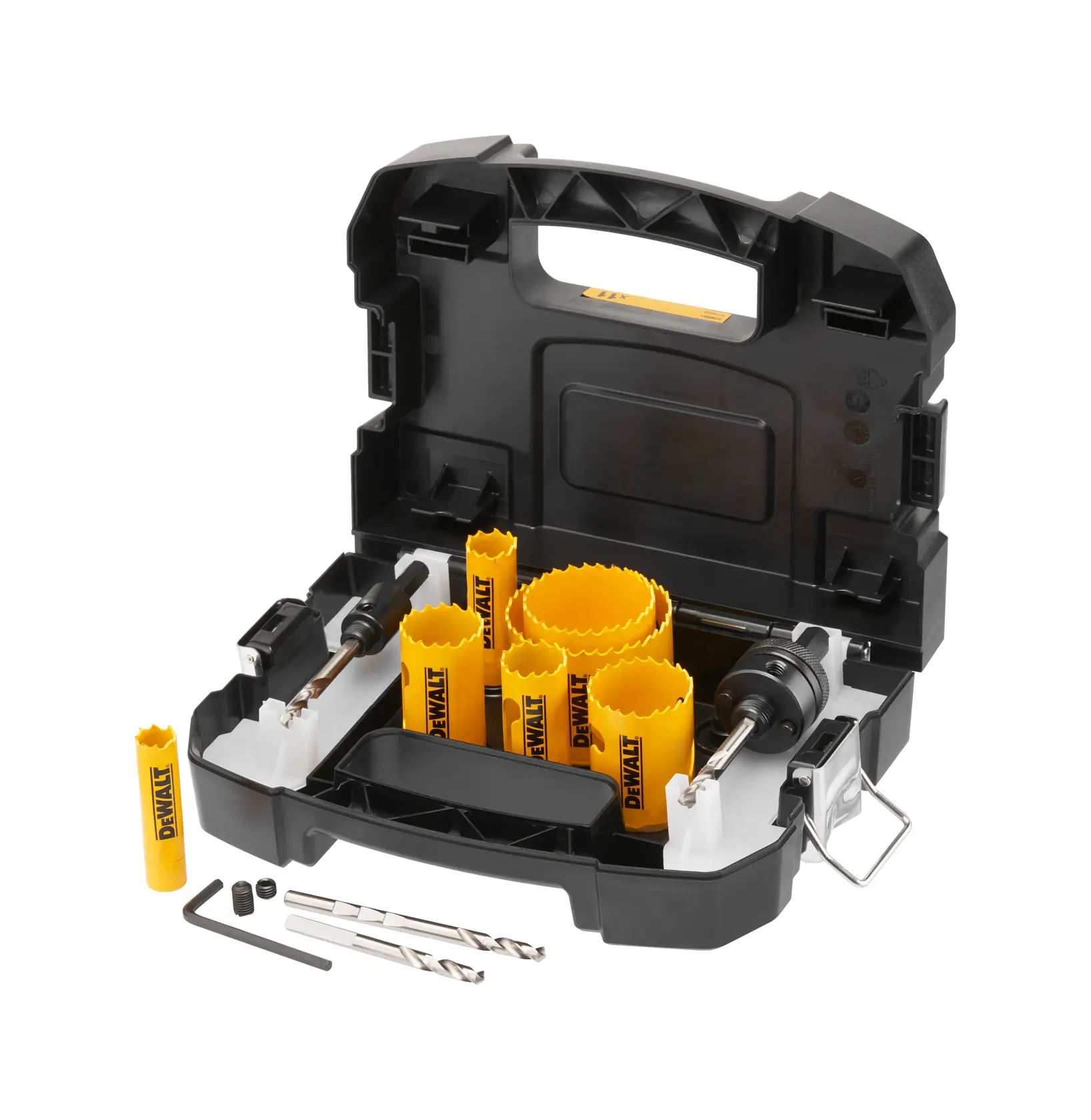 DEWALT Lochsäge-Set in schwarzer Box mit gelben Sägen, Bohrern und Zubehör, ordentlich sortiert.