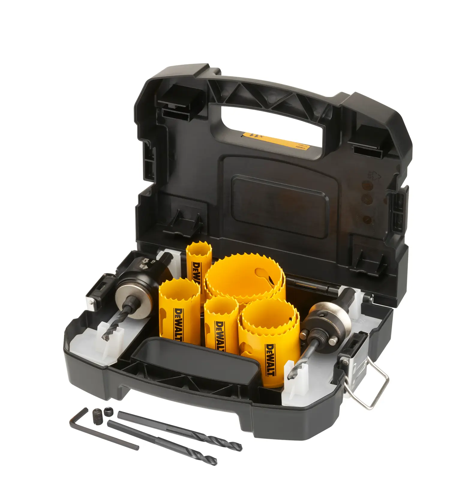 DEWALT Lochsäge-Set im schwarzen Koffer mit gelben Sägen, Bohrern und Zubehör.