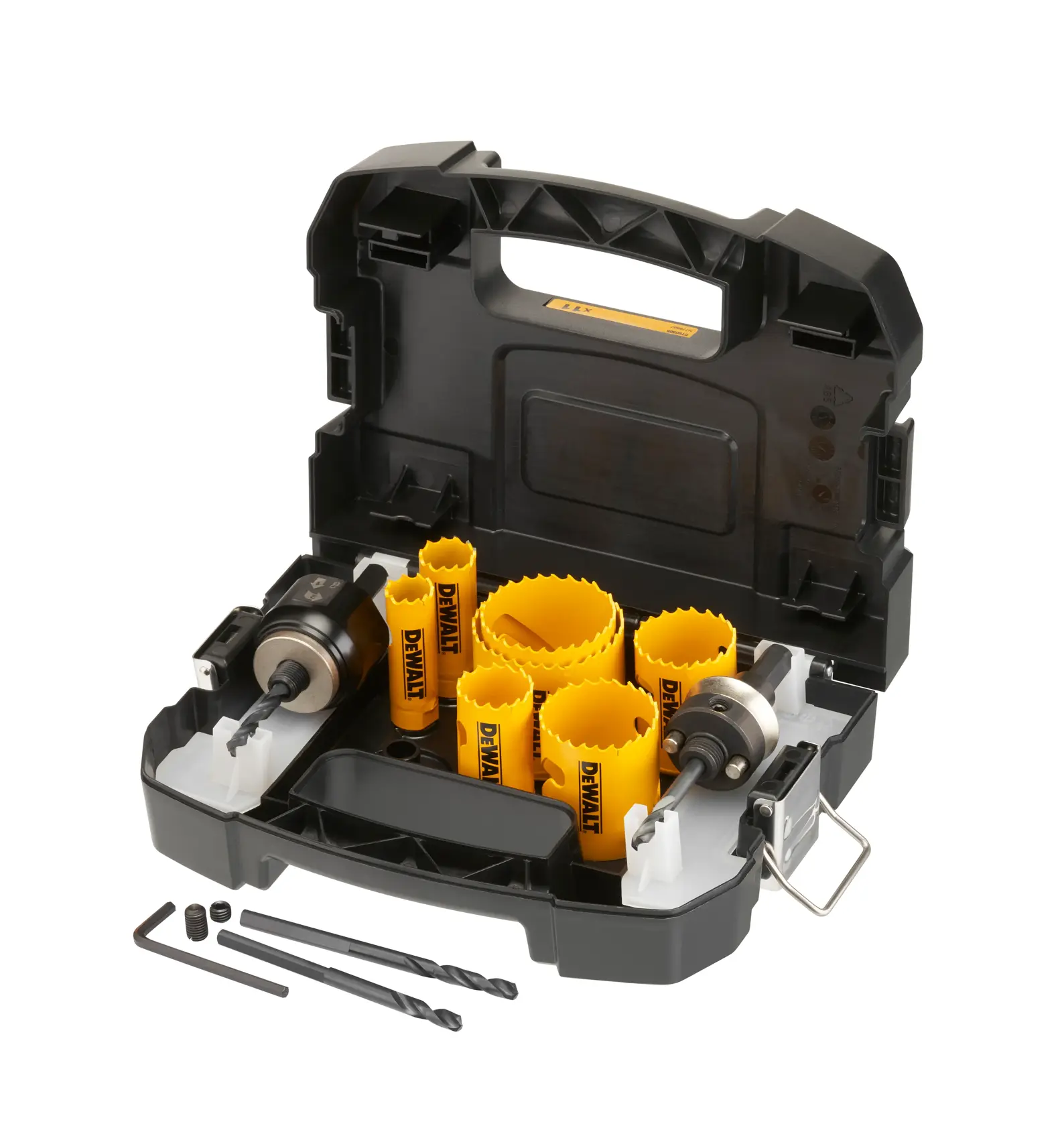 DEWALT Lochsägenset in schwarzem Koffer mit verschiedenen Größen, Aufnahmen und Bohrern.