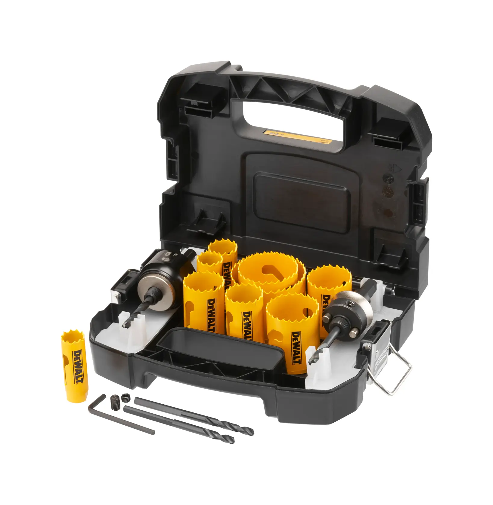 DEWALT Lochsägenset im schwarzen Koffer mit gelben Sägen, Aufnahmen, Bohrern und Inbusschlüsseln.