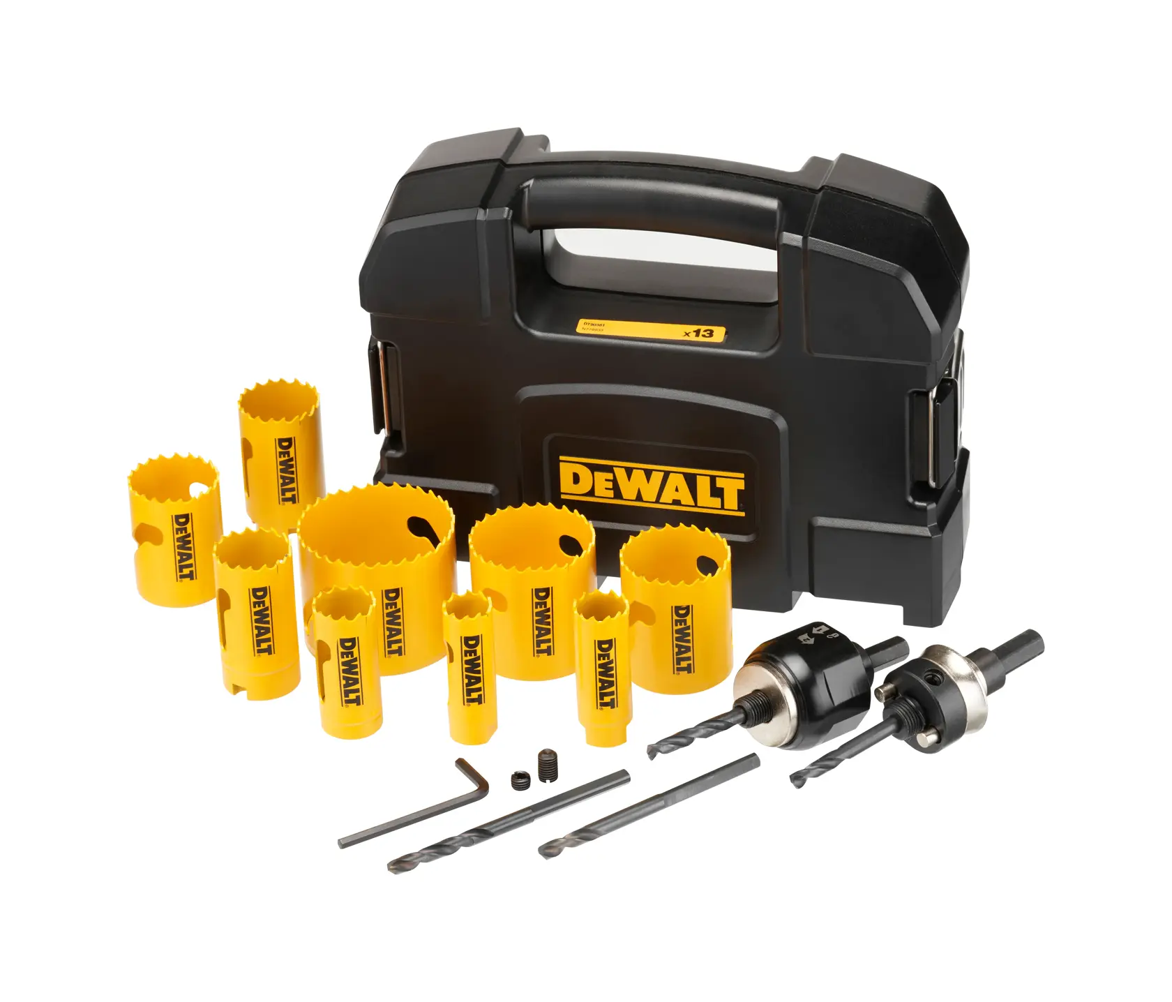 DEWALT Lochsäge-Set mit gelben Sägebechern, Bohrern, Zubehör und schwarzem Koffer.