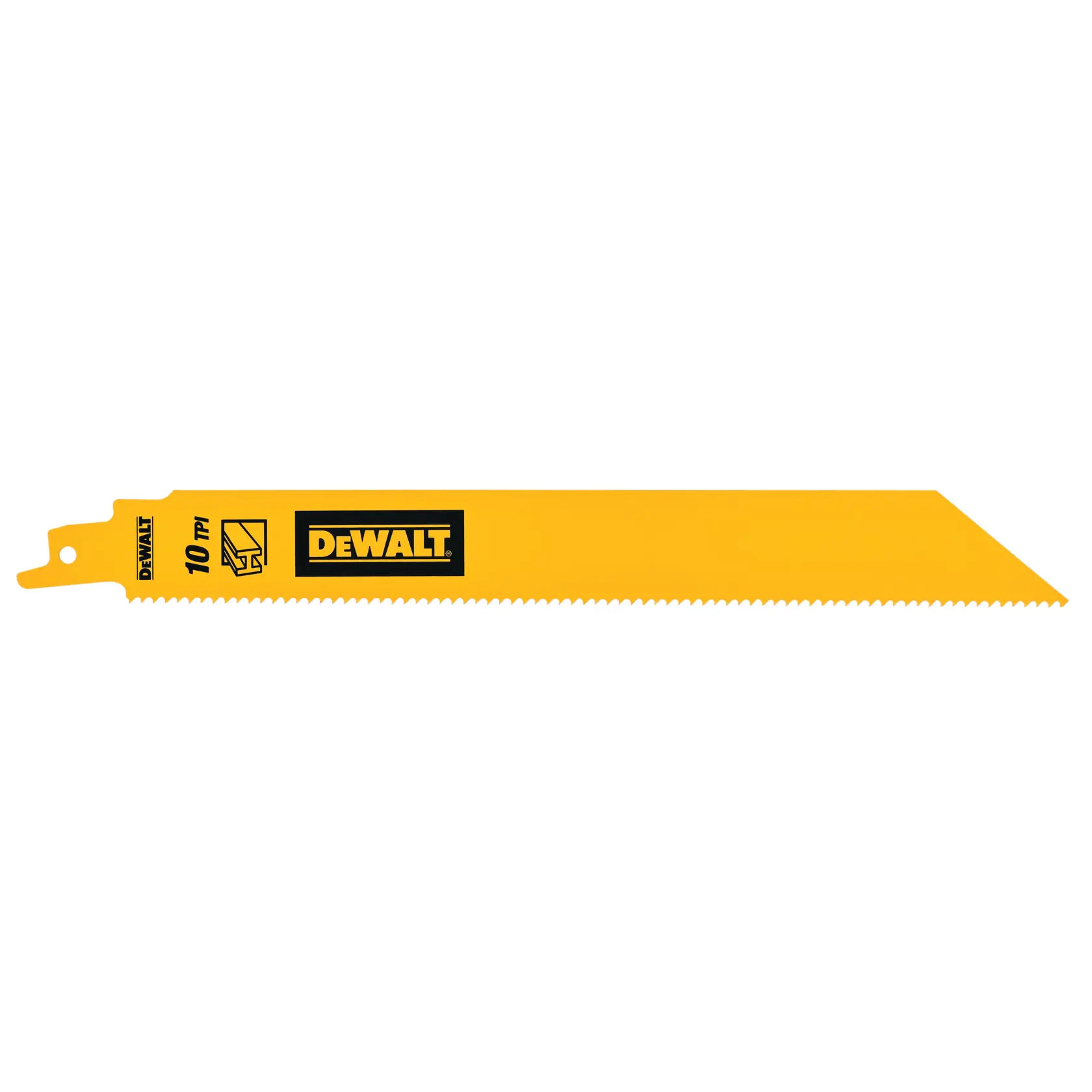 Gelbes DEWALT Säbelsägeblatt mit schräger Spitze und 10 TPI Markierung für Materialien.