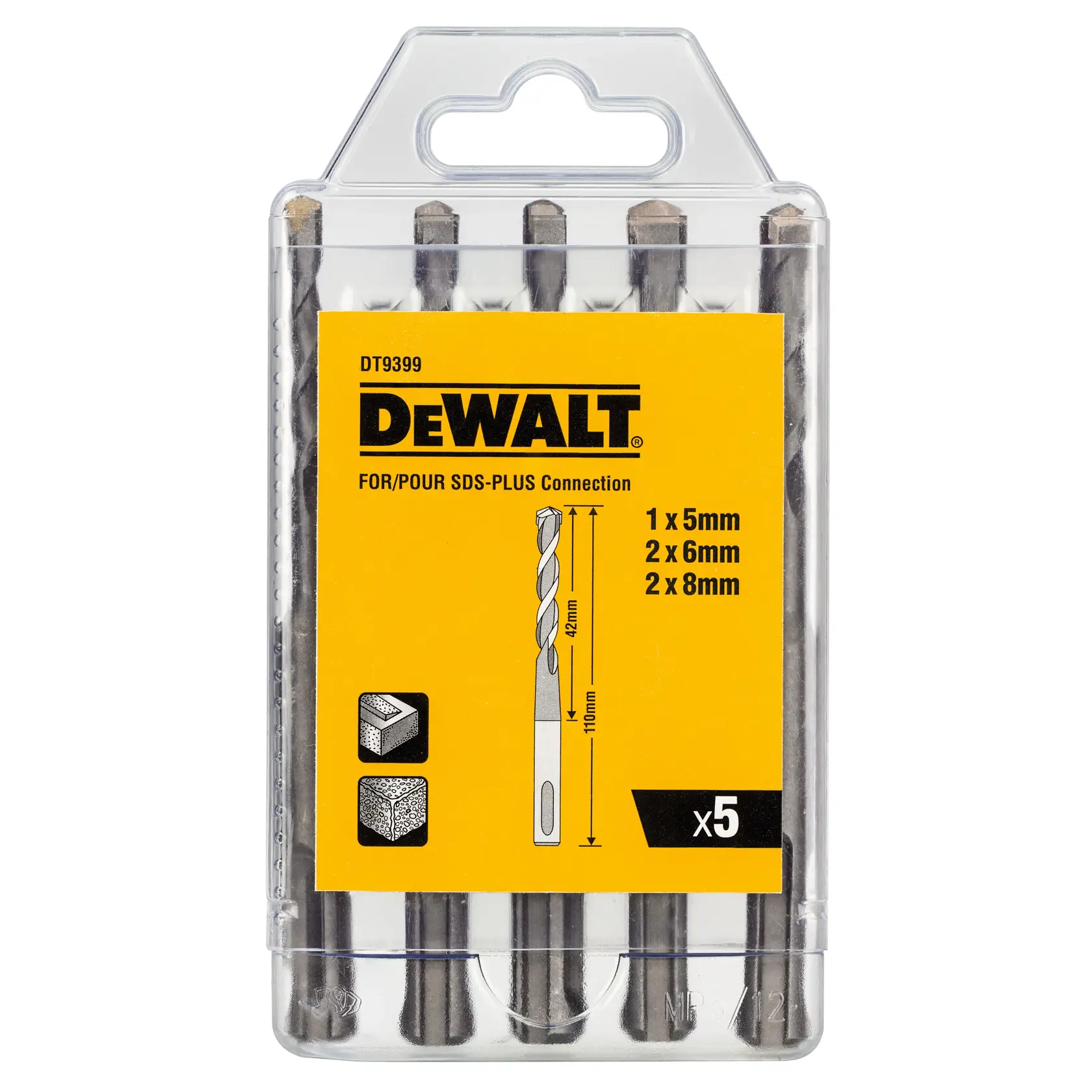 DEWALT DT9399 SDS-Plus Bohrer-Set im Kunststoffetui. Enthält 5 verschieden große Bohrer für Mauerwerk.