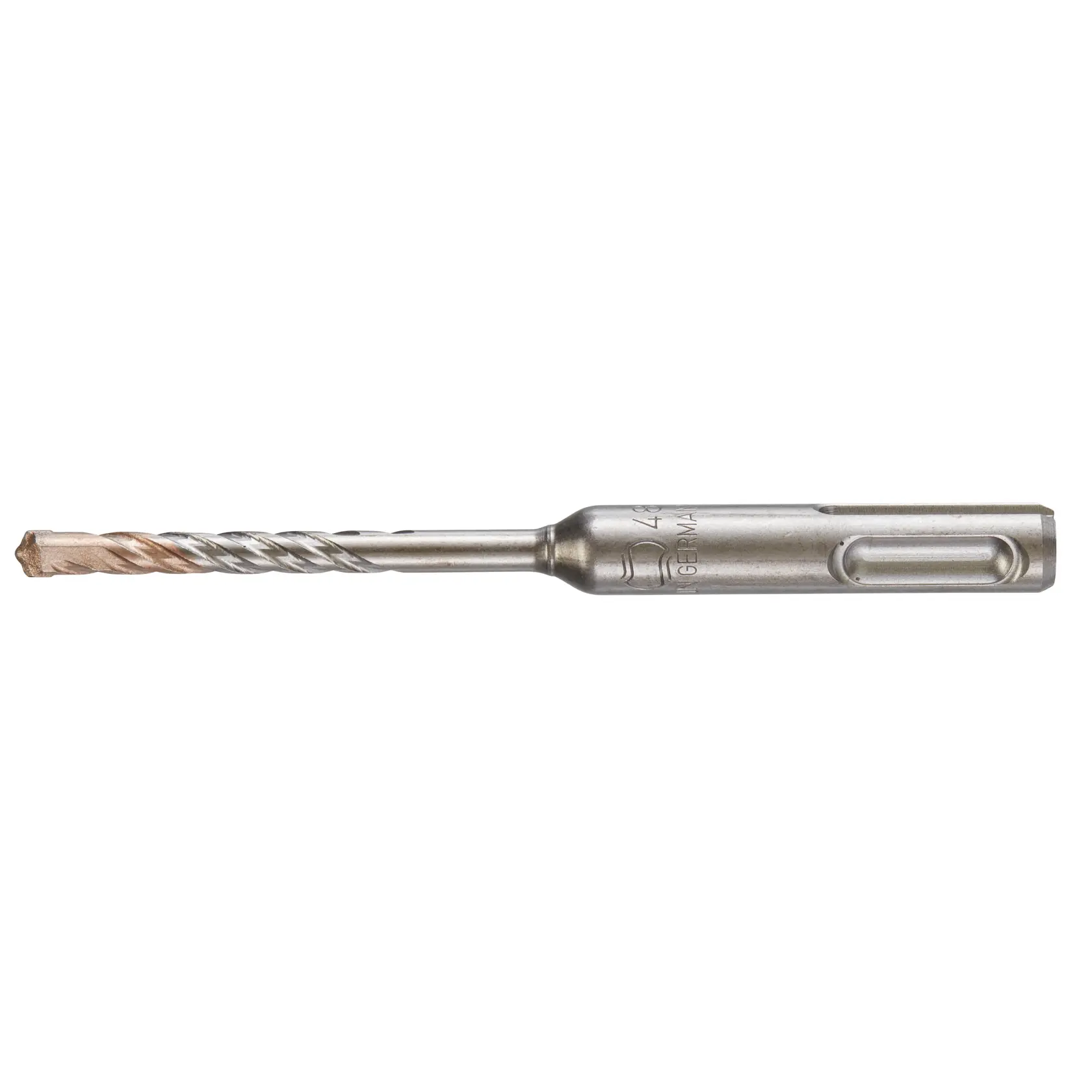 Broca SDS metálica DEWALT con punta espiral sobre fondo blanco.