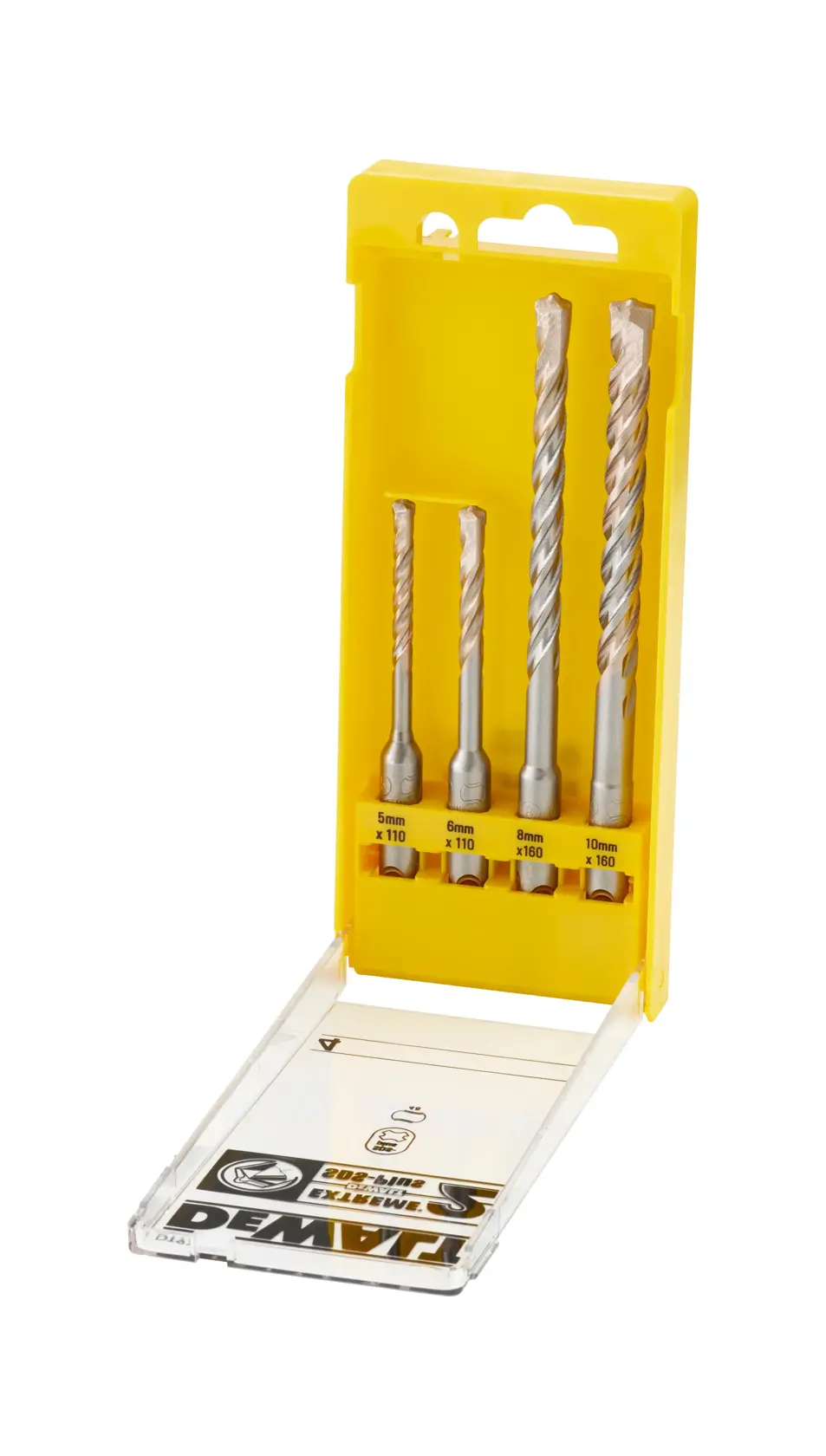 DEWALT DT9700, juego de cuatro brocas para mampostería en caja amarilla, tapa abierta.