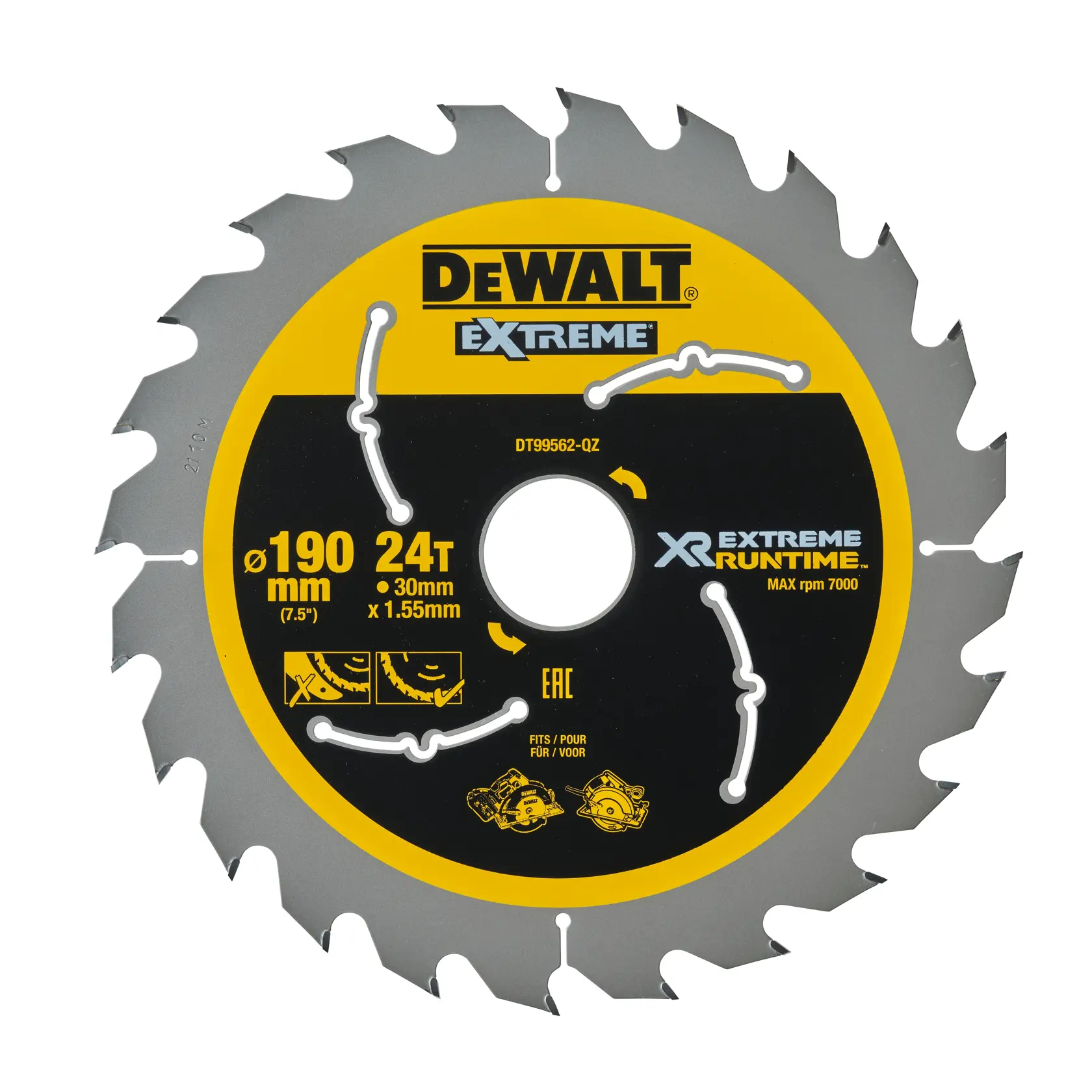 DEWALT DT99562 Kreissägeblatt, 190mm, 24 Zähne, XR Extreme Runtime, max 7000 U/min.