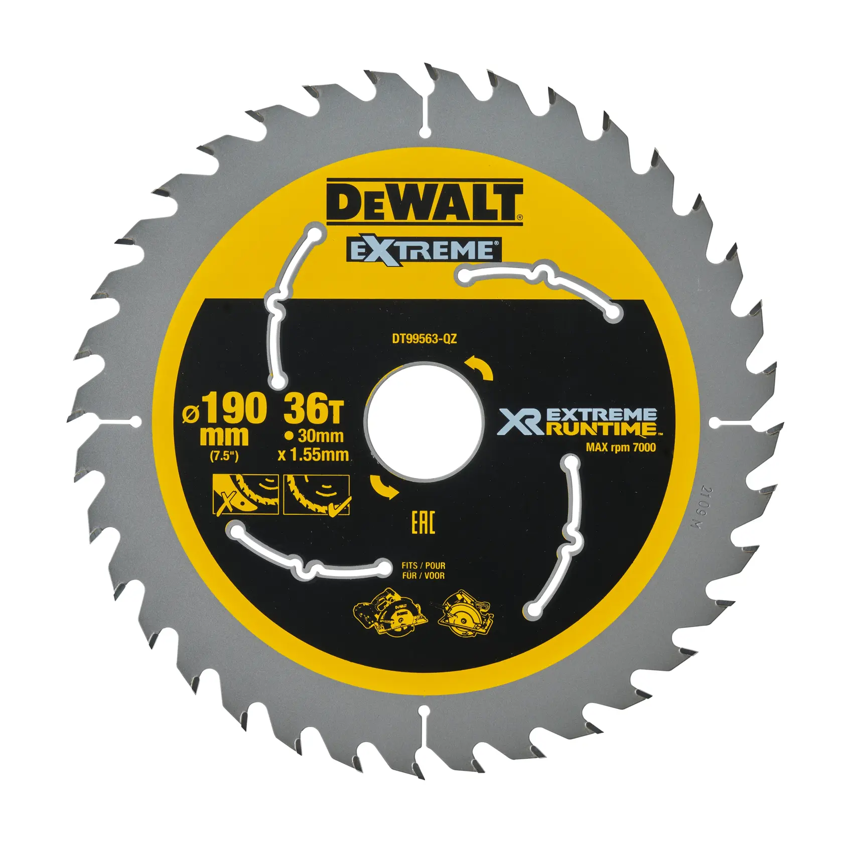 DEWALT Extreme 190mm 36T Kreissägeblatt für Holz mit silbernen Zähnen und gelb-schwarzem Zentrum, DT99563.