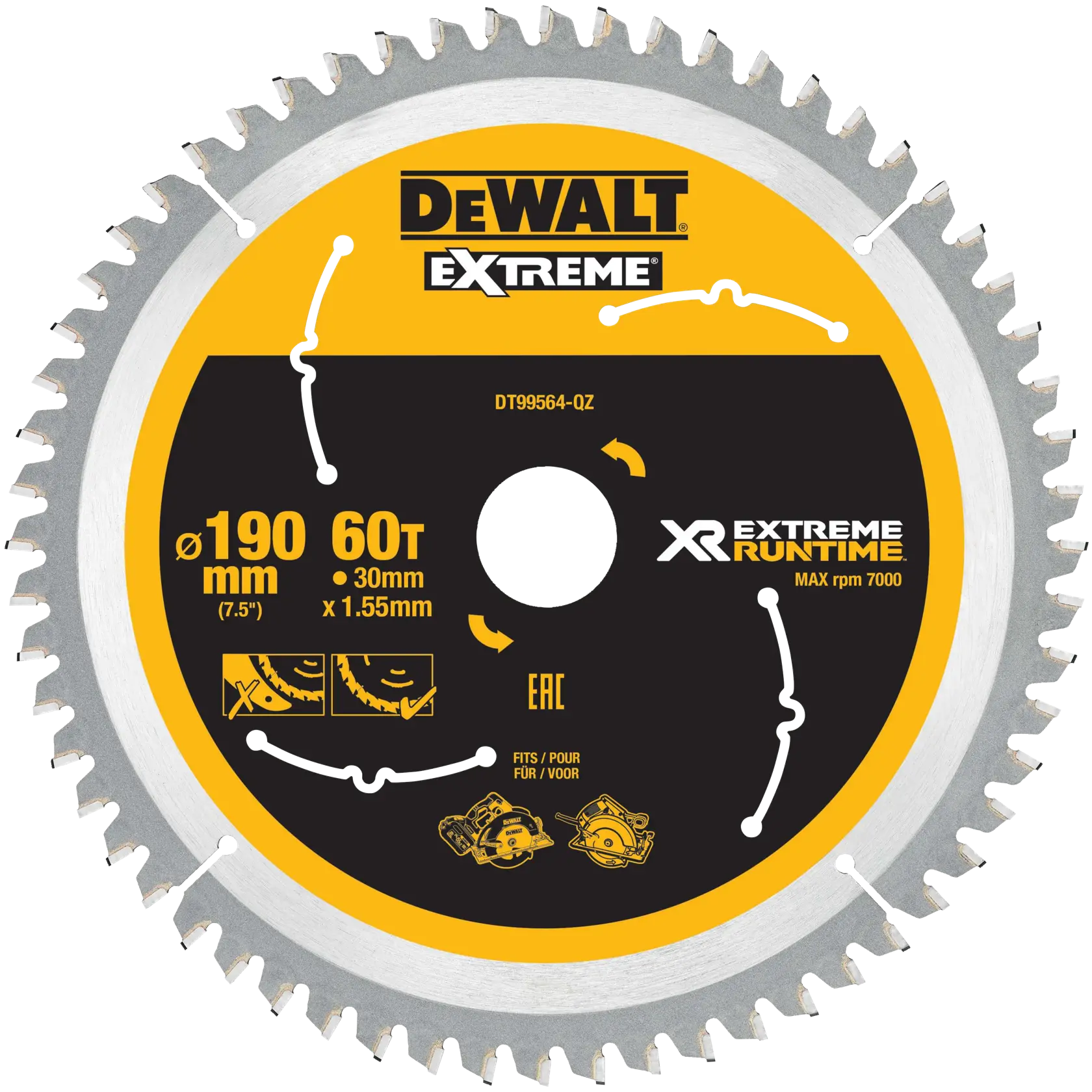 DEWALT DT99564 XR Extreme Runtime Sägeblatt, 190 mm Durchmesser, 60 Zähne, für Kreissägen.