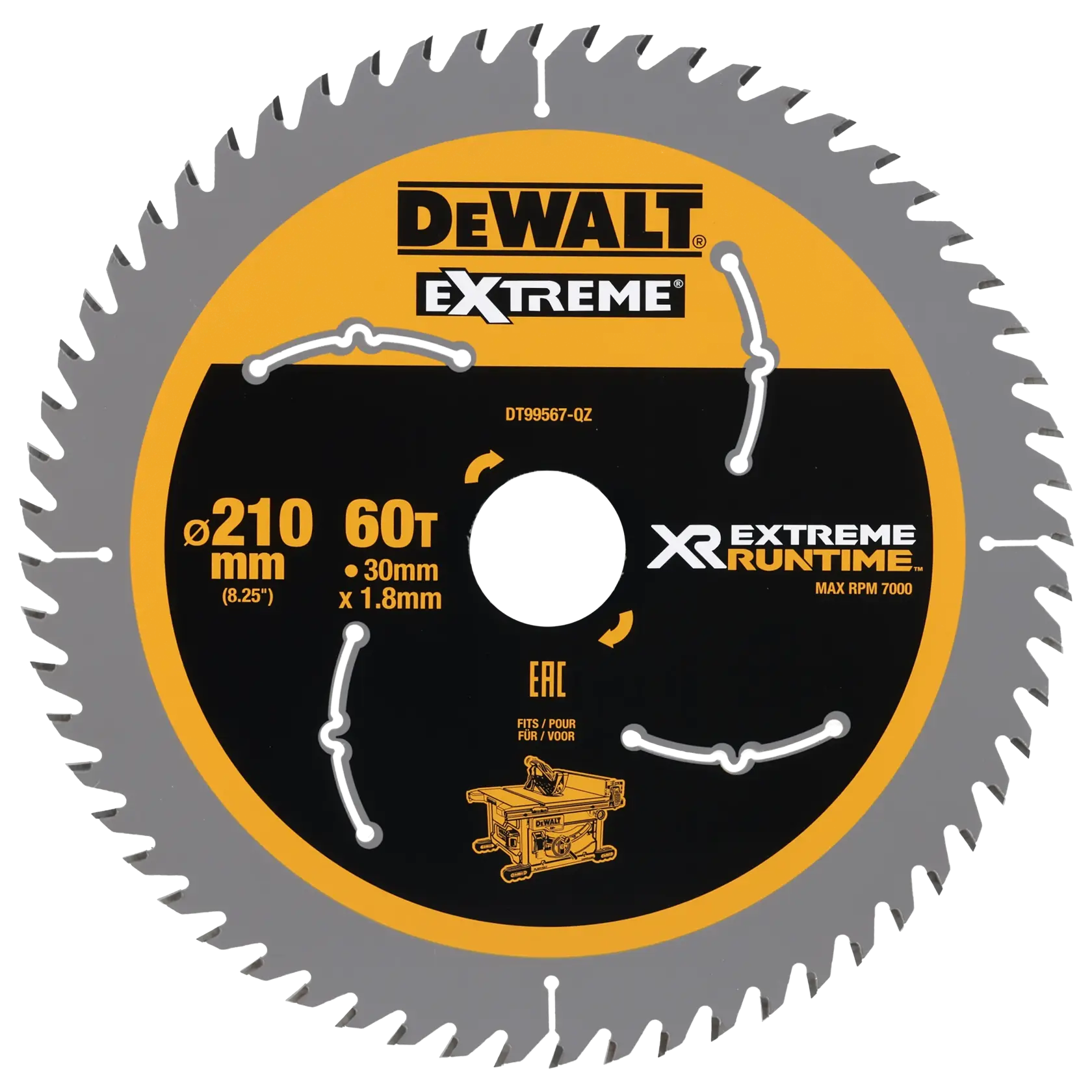 DEWALT DT99567 Kreissägeblatt, 210mm, 60 Zähne, XR EXTREME RUNTIME, geeignet für Holzschnitt.