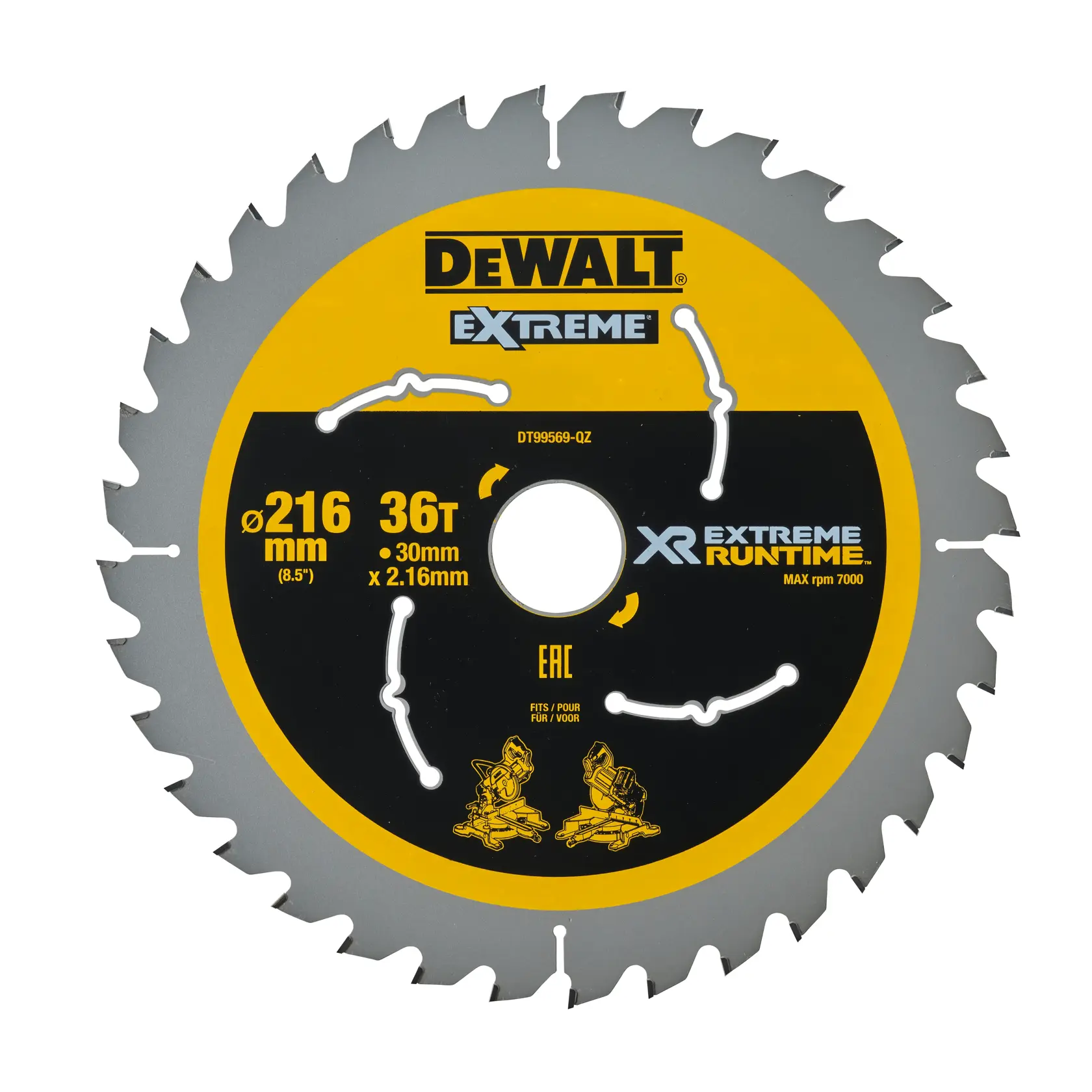 DEWALT DT99569 Kreissägeblatt, 216mm, 36 Zähne, extreme Laufzeit, für Holzbearbeitung geeignet.