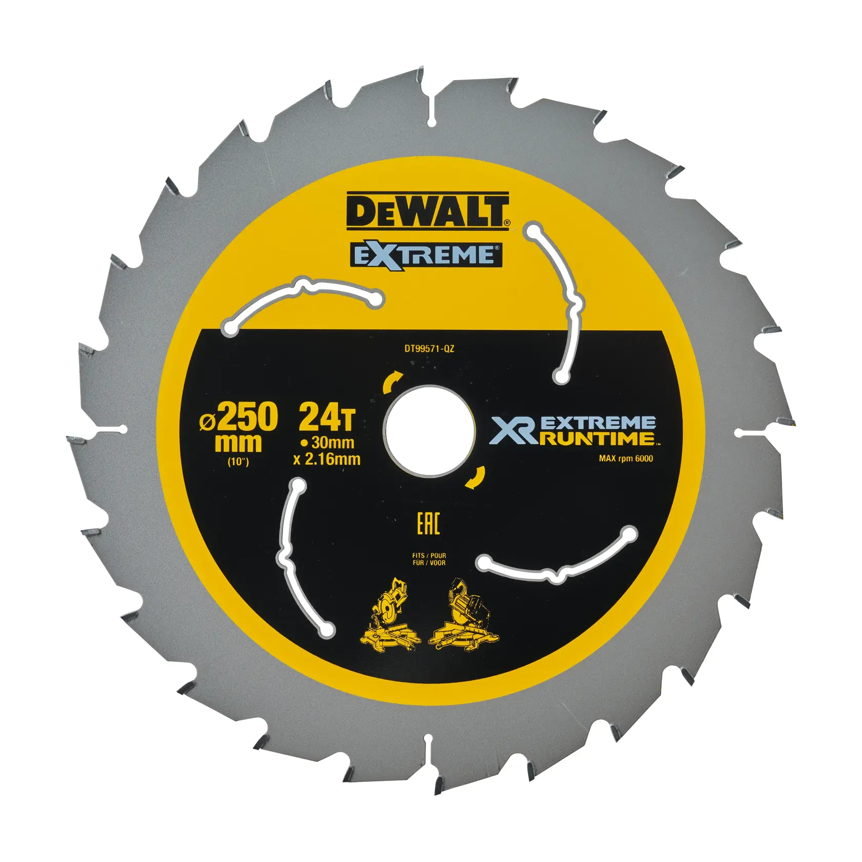 Hoja DEWALT DT99571 Extreme XR, 250mm, 24 dientes, para madera, color amarillo y negro.