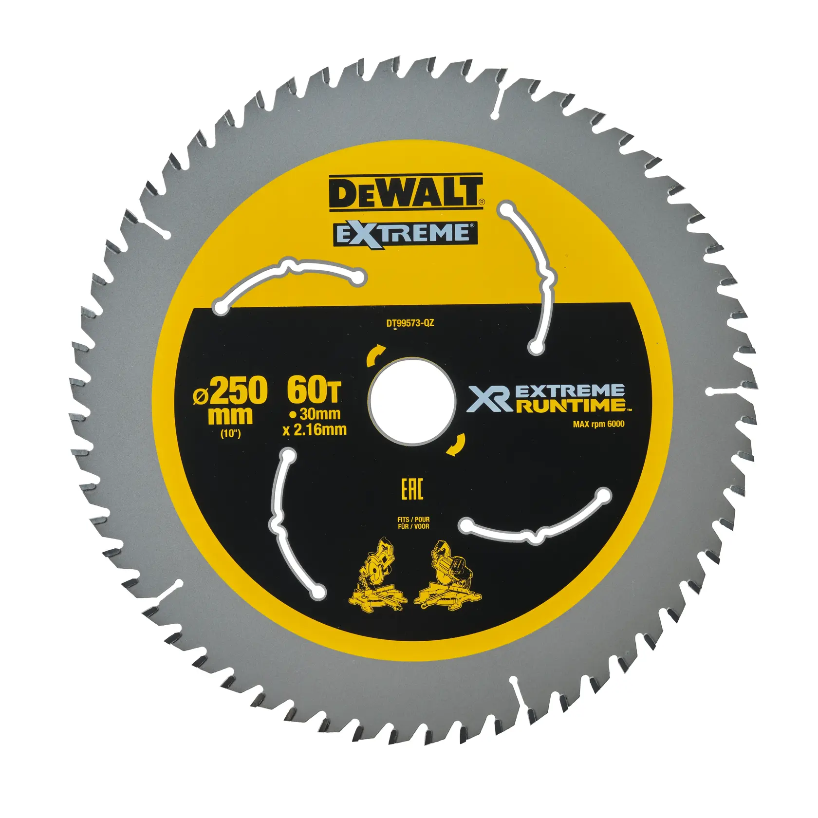DEWALT DT99573 Extreme Kreissägeblatt, 250mm Durchmesser, 60 Zähne, für Holz, XR Extreme Runtime.