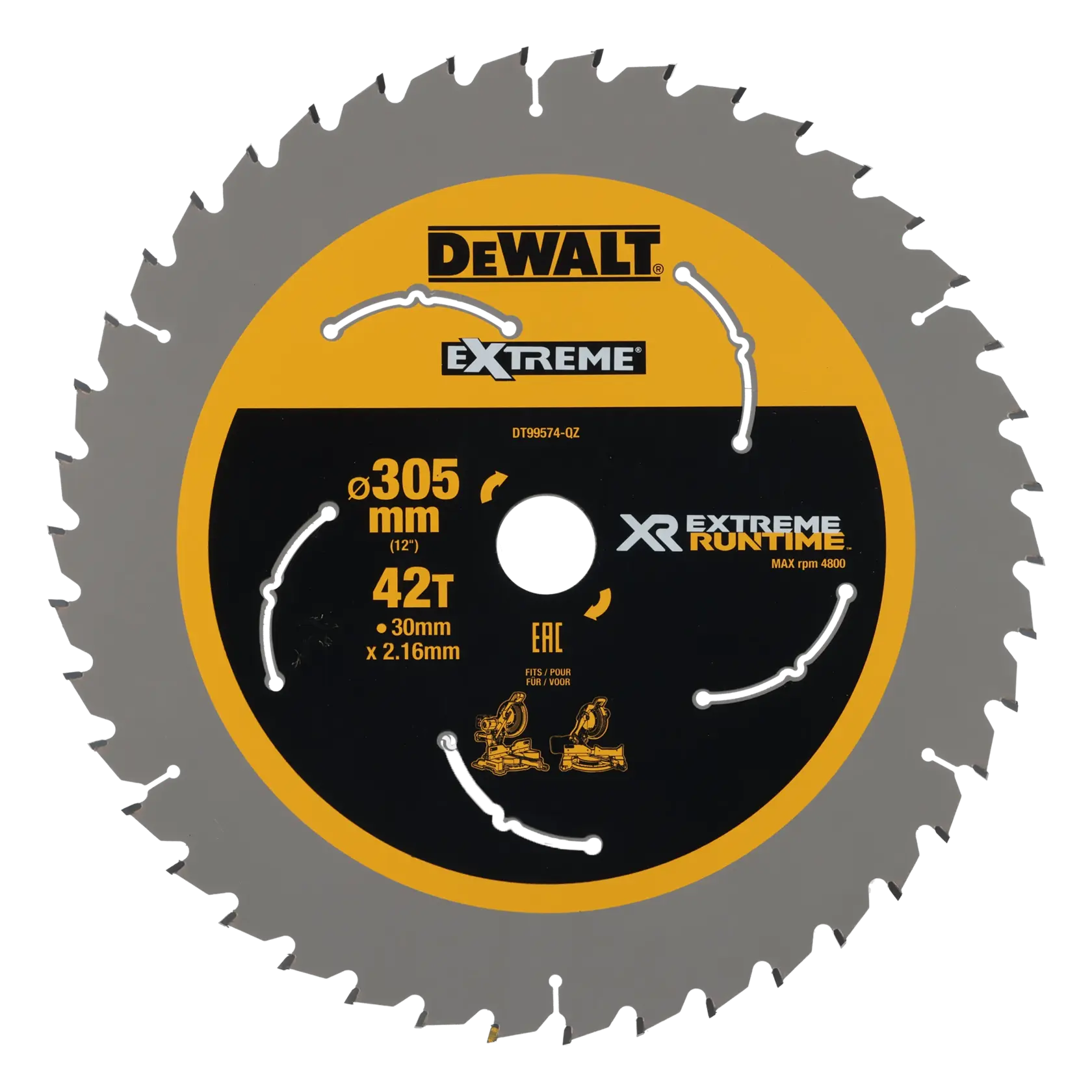 Hoja de sierra circular DEWALT DT99574 Extreme de 305 mm de diámetro, 42 dientes y marca XR Extreme Runtime. La hoja es plateada y negra con detalles amarillos, mostrando especificaciones e iconos de compatibilidad para máquinas de carpintería.