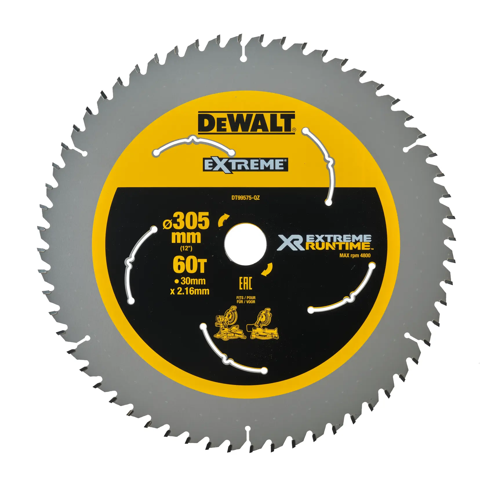 DEWALT Extreme XR Kreissägeblatt mit 60 Zähnen, 305 mm Durchmesser und 30 mm x 2,16 mm Größe. Das Sägeblatt ist silberfarben mit gelb-schwarzer Mitte, geeignet für Holzbearbeitung und Elektrosägen.