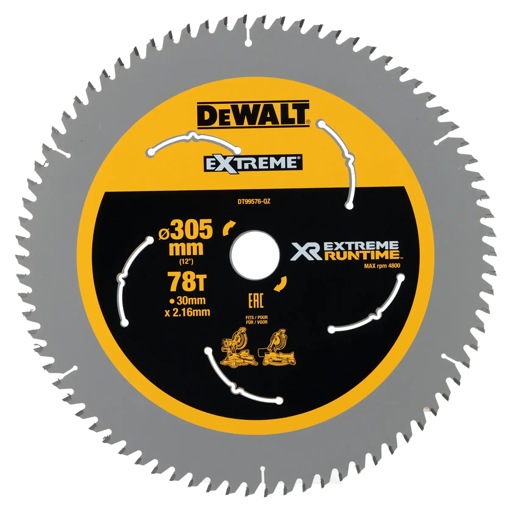 Hoja DEWALT, SKUs DT99576 y DT99576-QZ, 305mm, 78T, para duración extrema.