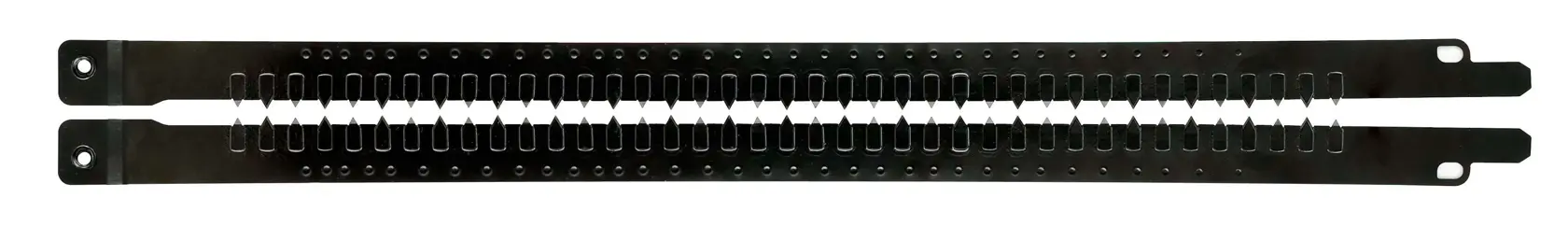 Zwei schwarze DEWALT Sägeblattstreifen mit Zähnen, horizontal auf weißem Hintergrund.