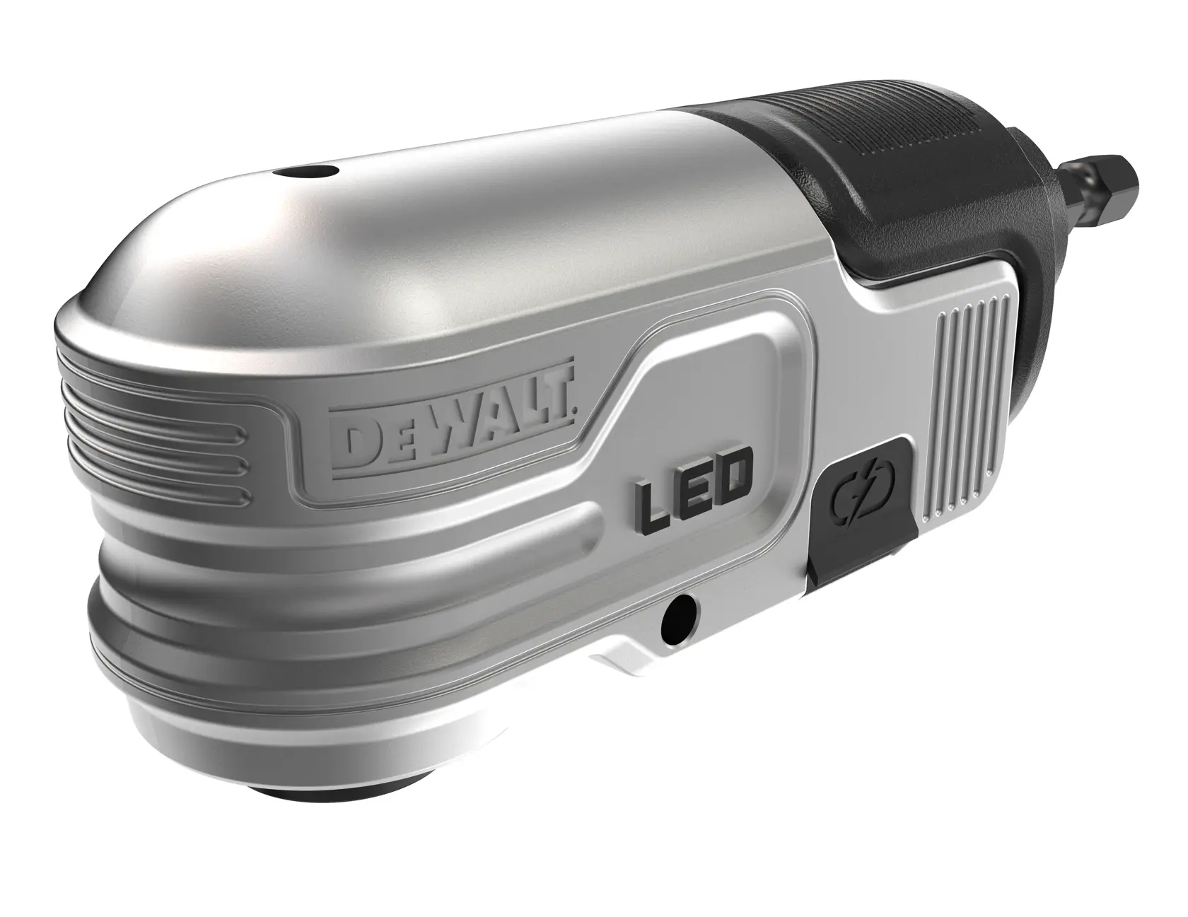 DEWALT LED Winkelaufsatz für Bohrmaschine, silber-schwarzes Design mit Markenlogo und Stromsymbol.