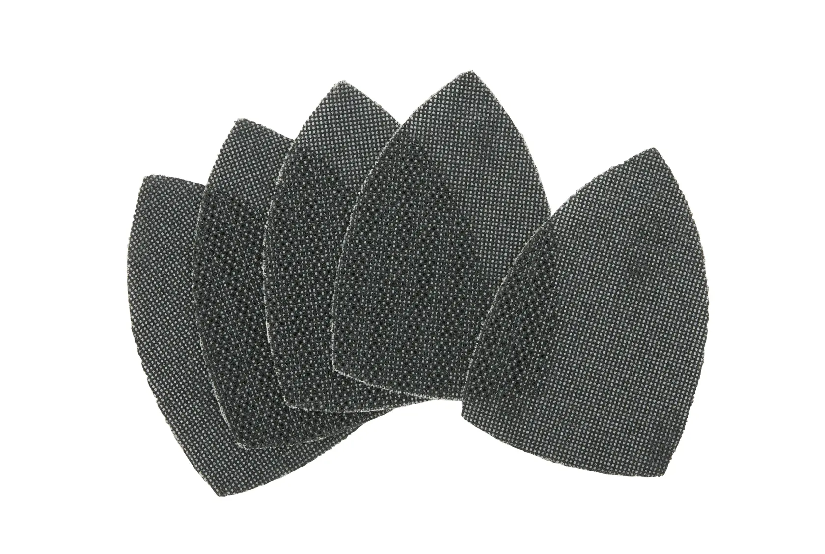 Fünf DEWALT Mesh-Schleifblätter, schwarz, fächerförmig, überlappend, geeignet für Präzisionsschleifen.