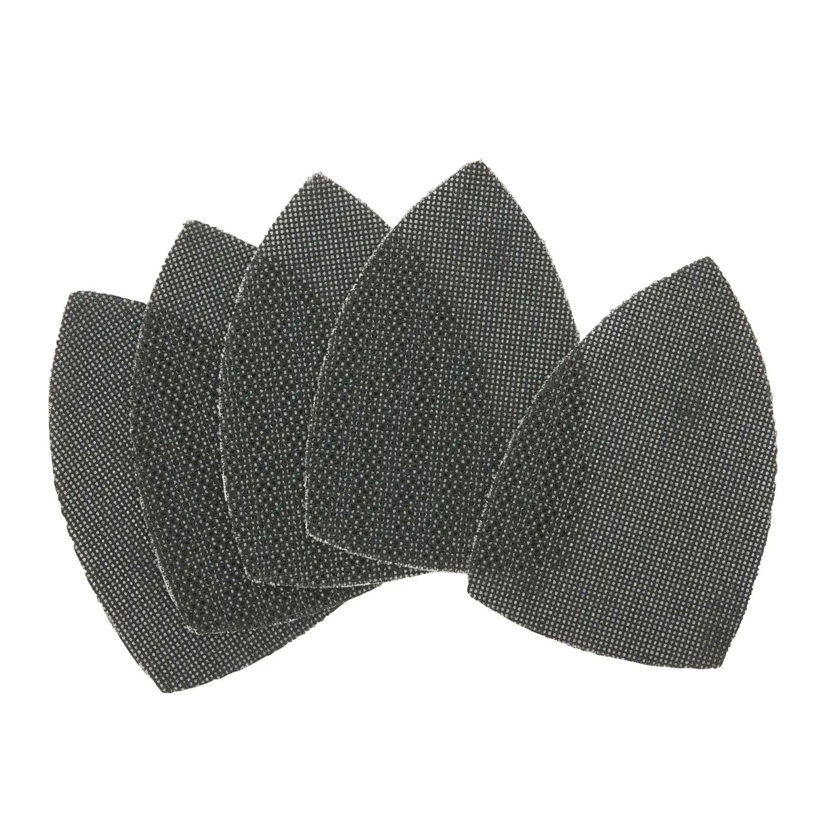 Fünf schwarze Netz-Schleifpads, fächerförmig angeordnet, geeignet für den Einsatz mit Multifunktionsschleifern.