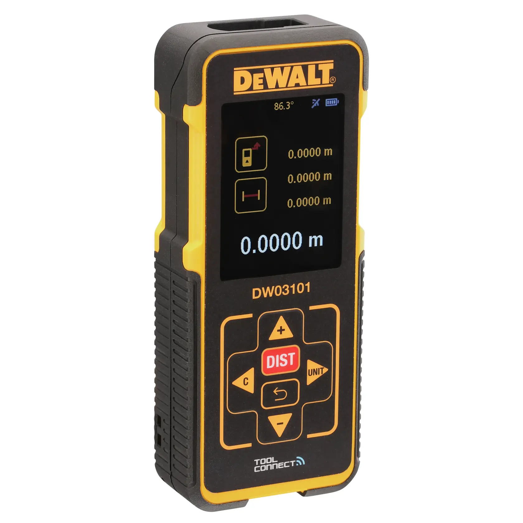 Ein DEWALT DW03101 Laser-Entfernungsmesser mit digitalem Bildschirm, schwarzem und gelbem Gehäuse sowie Bedienknöpfen zur Entfernungsmessung.