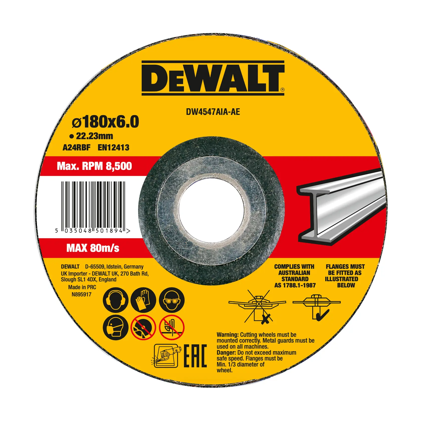 DEWALT DW4547AIA Schleifscheibe 180x6.0mm, Sicherheitssymbole, I-Träger, Spezifikationen, Barcode, Warnhinweise.