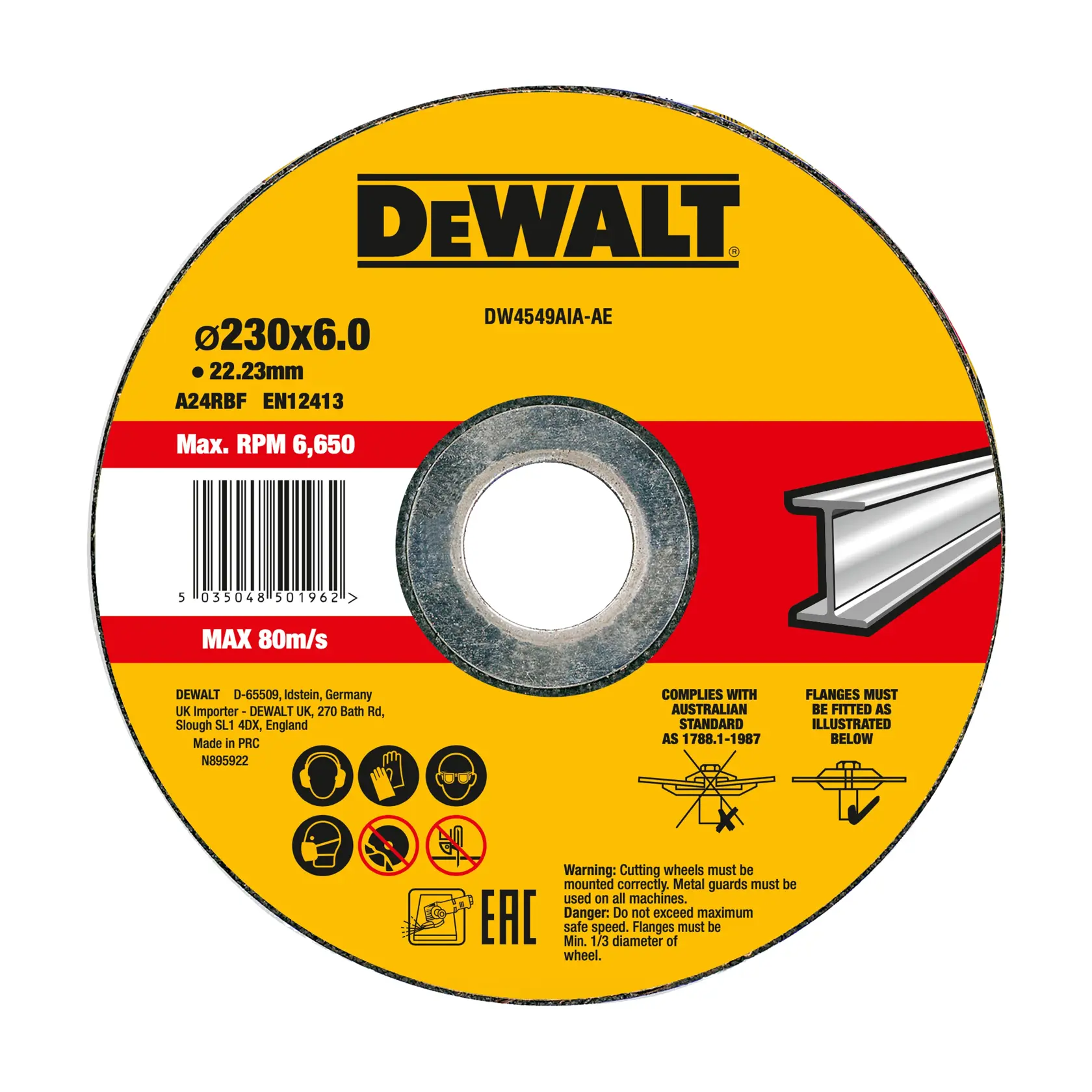 DEWALT Trennscheibe DW4549AIA-AE, DW4549AIA, 230x6mm, max 6650 U/min, Metall, Warnsymbole enthalten.