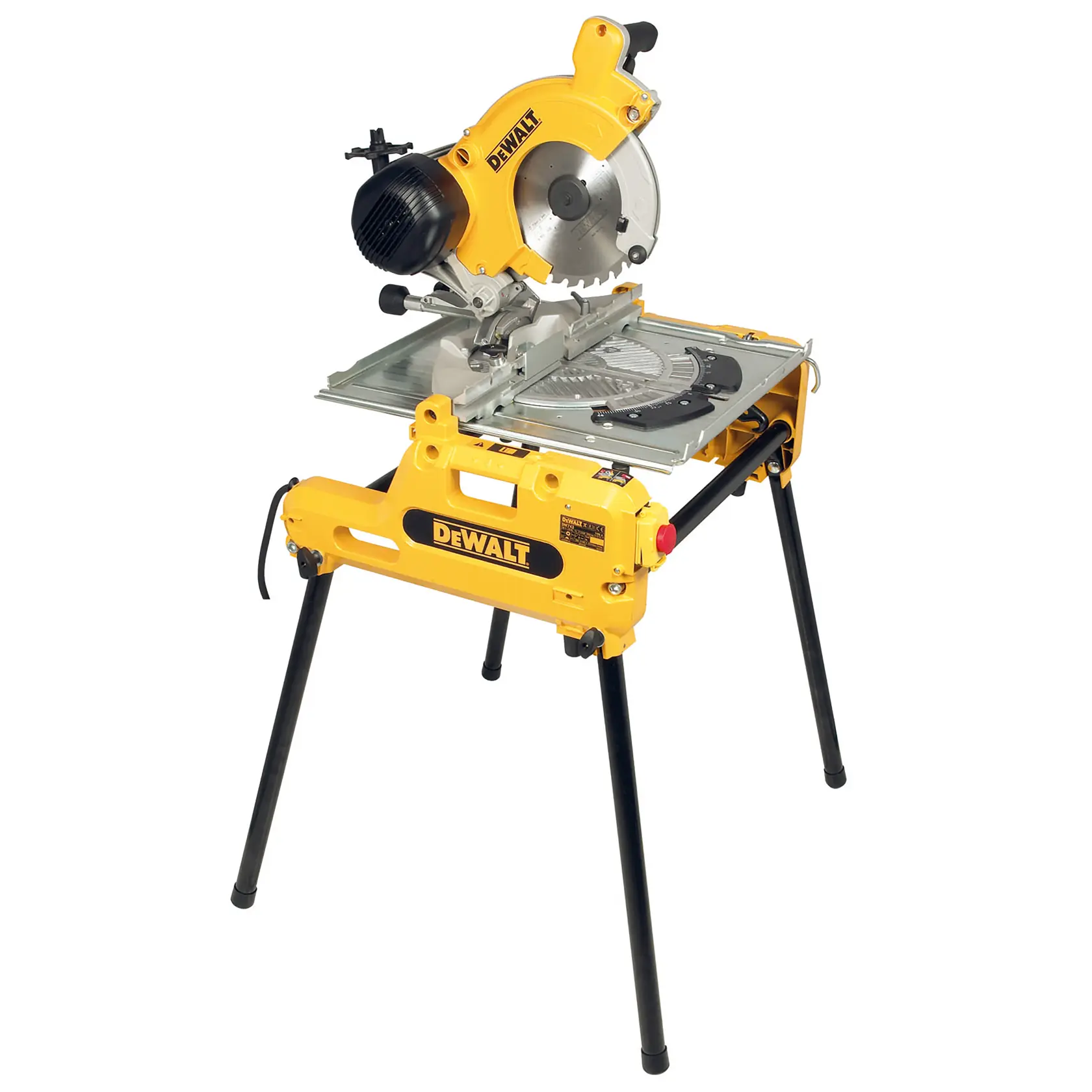 DEWALT-Säge für Fotografie, SKUs DW743N und DW743. Gelbes Werkzeug mit Klinge und robusten Beinen.