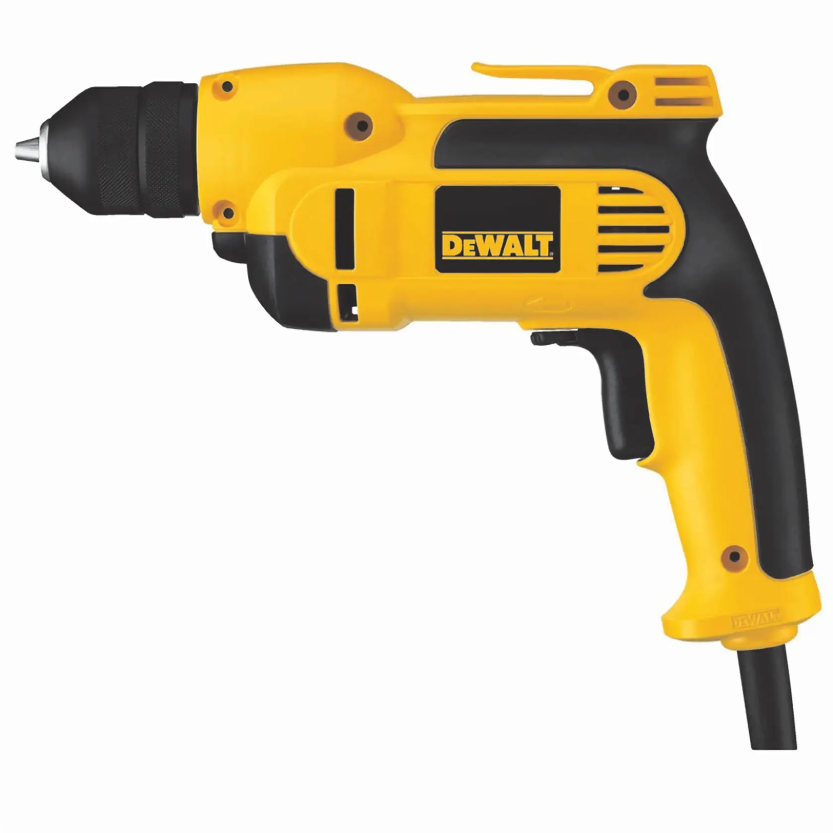 Gelbe und schwarze DEWALT Elektro-Bohrmaschine mit Kabel, Pistolengriff und schlüssellosem Bohrfutter, Modell DWD112S, im Profil vor weißem Hintergrund abgebildet.