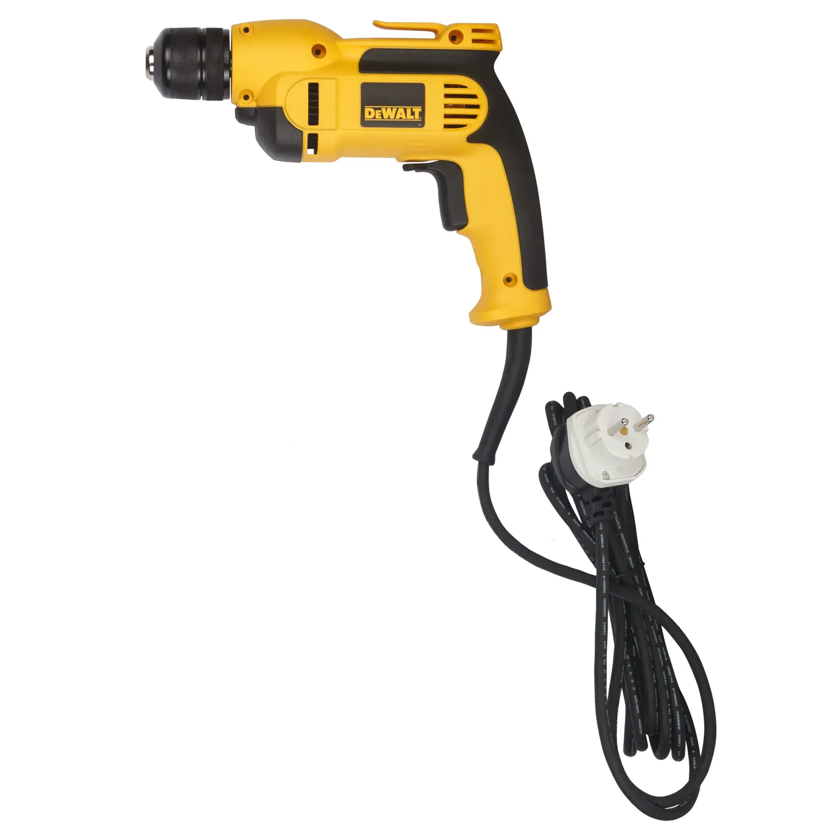 Gelbe DEWALT Elektrobohrmaschine mit europäischem Stecker und schwarzem Kabel auf weißem Hintergrund.