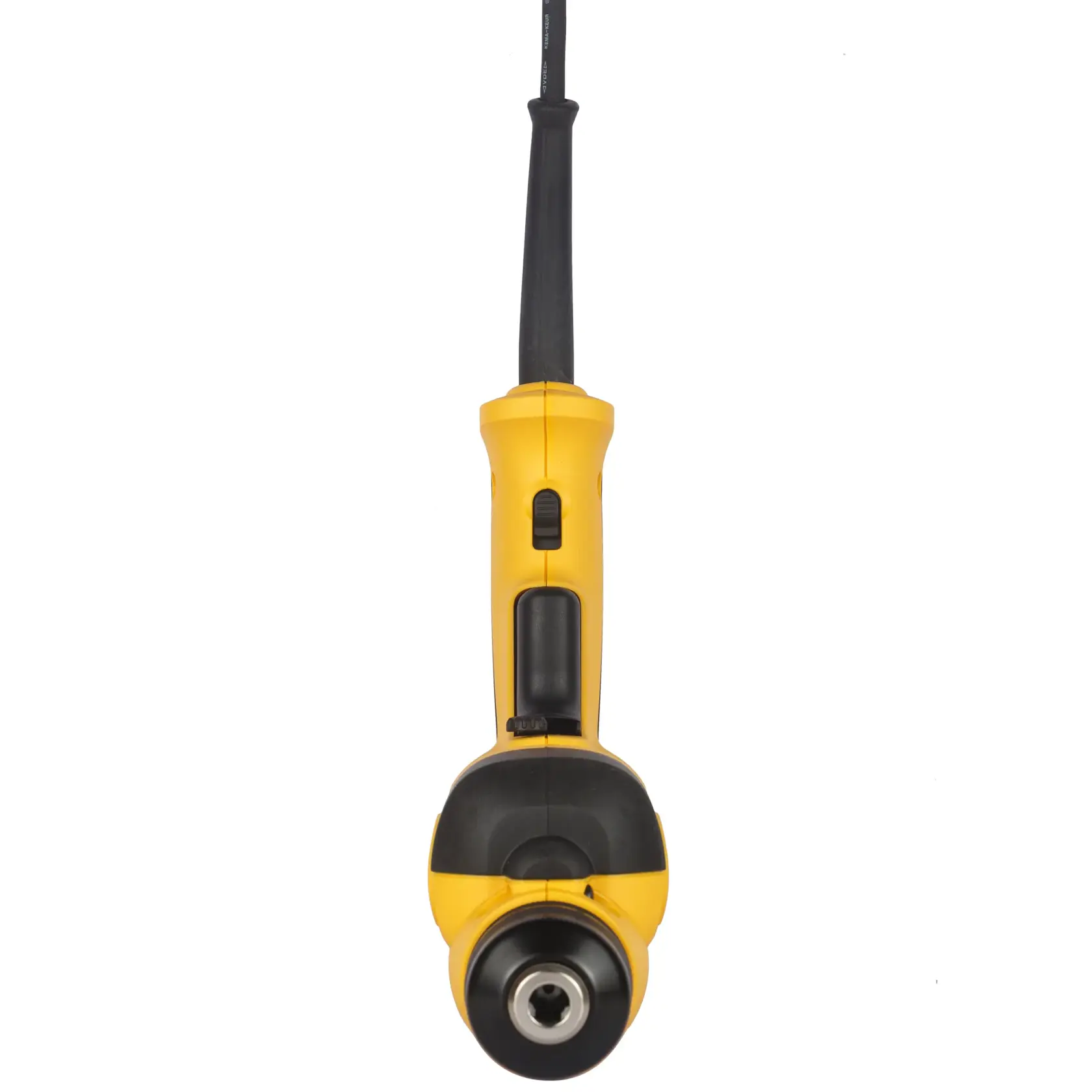 Gelbe DEWALT Elektrobohrmaschine von vorne, mit Bohrfutter und Griff vor weißem Hintergrund.