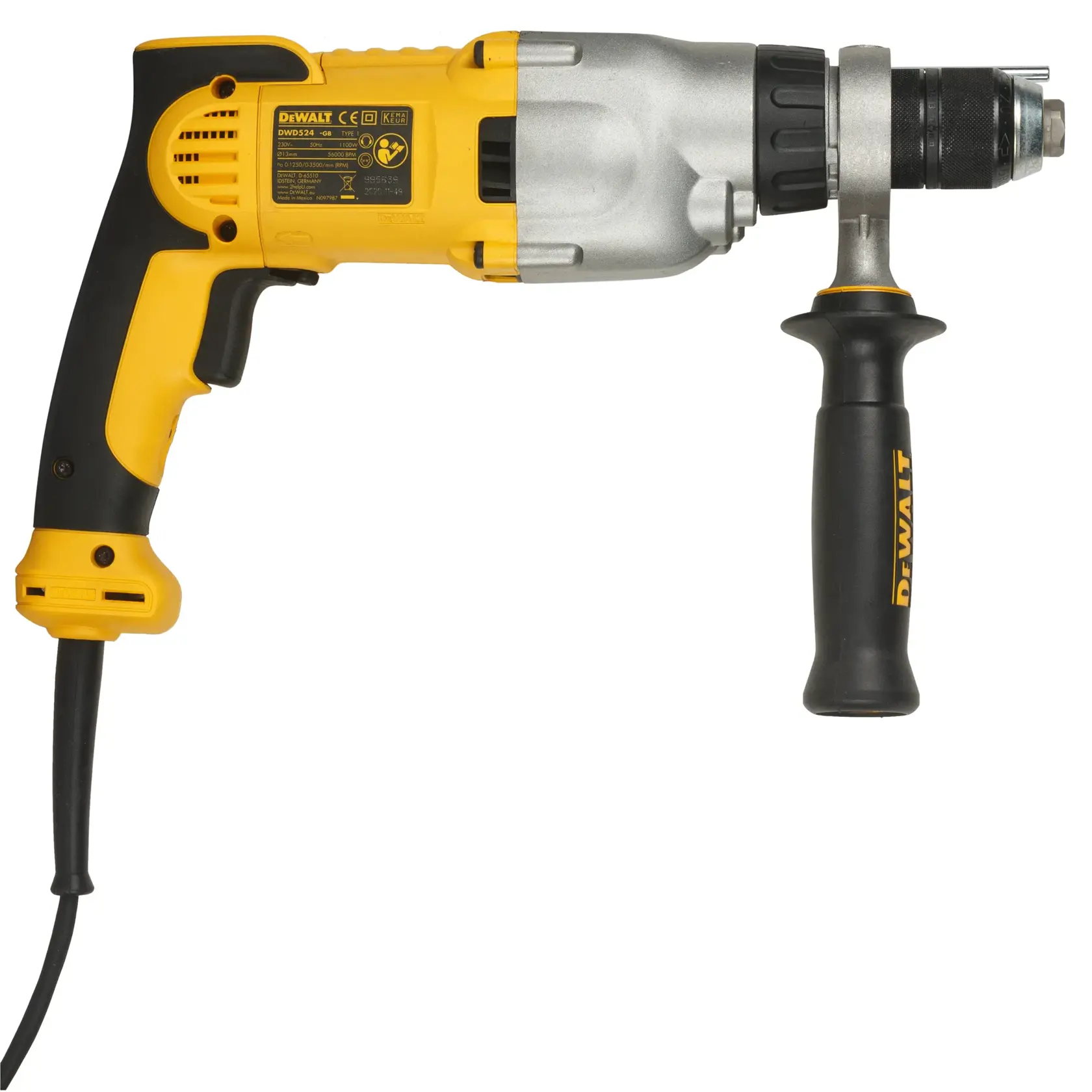 DEWALT gelbe, schwarze Kabelbohrmaschine mit Seitenhandgriff, Modell DWD524KS, auf weißem Hintergrund.